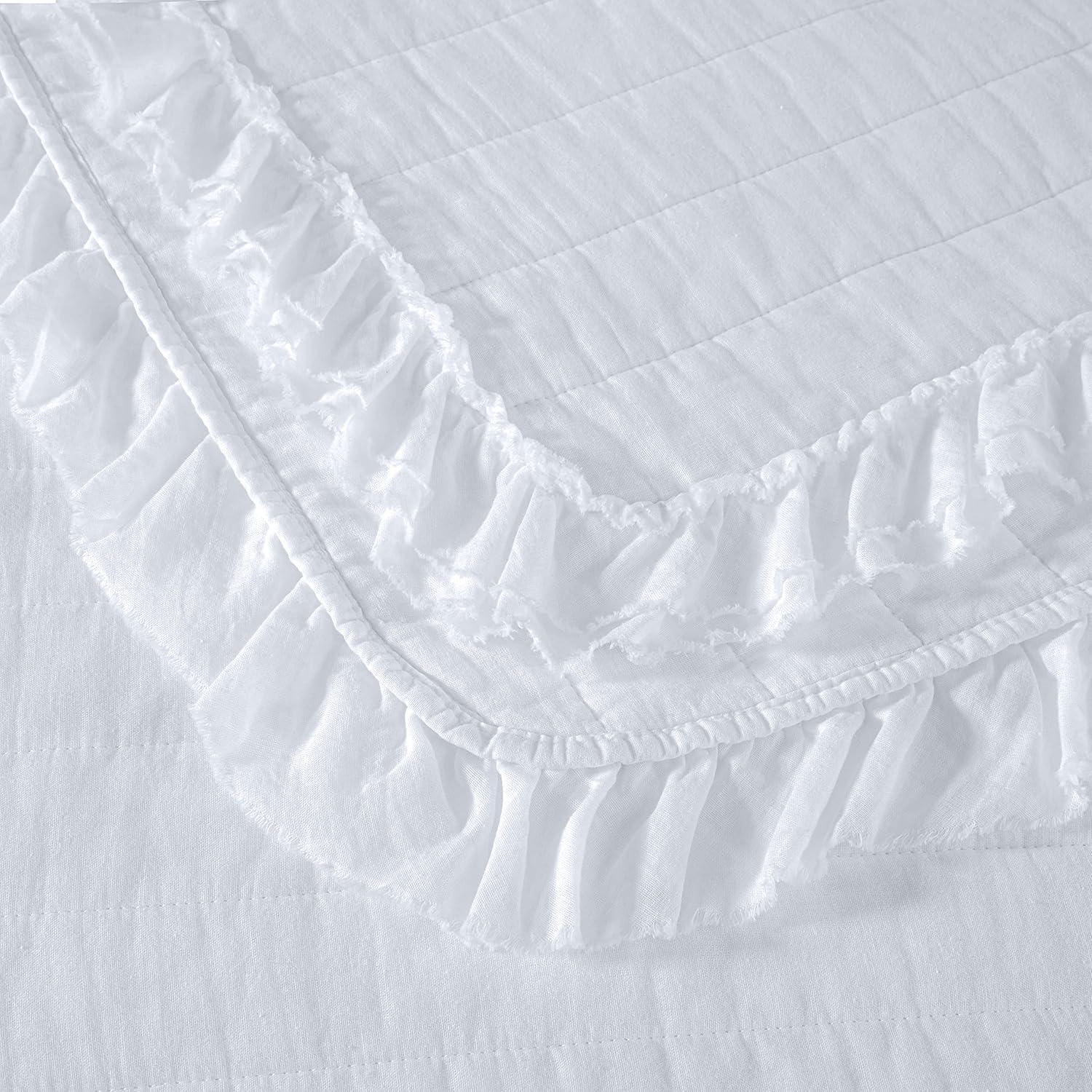 Chezmoi Collection Bonnie 3-Piece 100% Cotton Quilt Set Queen Size, White - Double Frayed Ruffled Edge Lightweight Pre-Washed Soft-Finished Cotton Bedspread for All Season