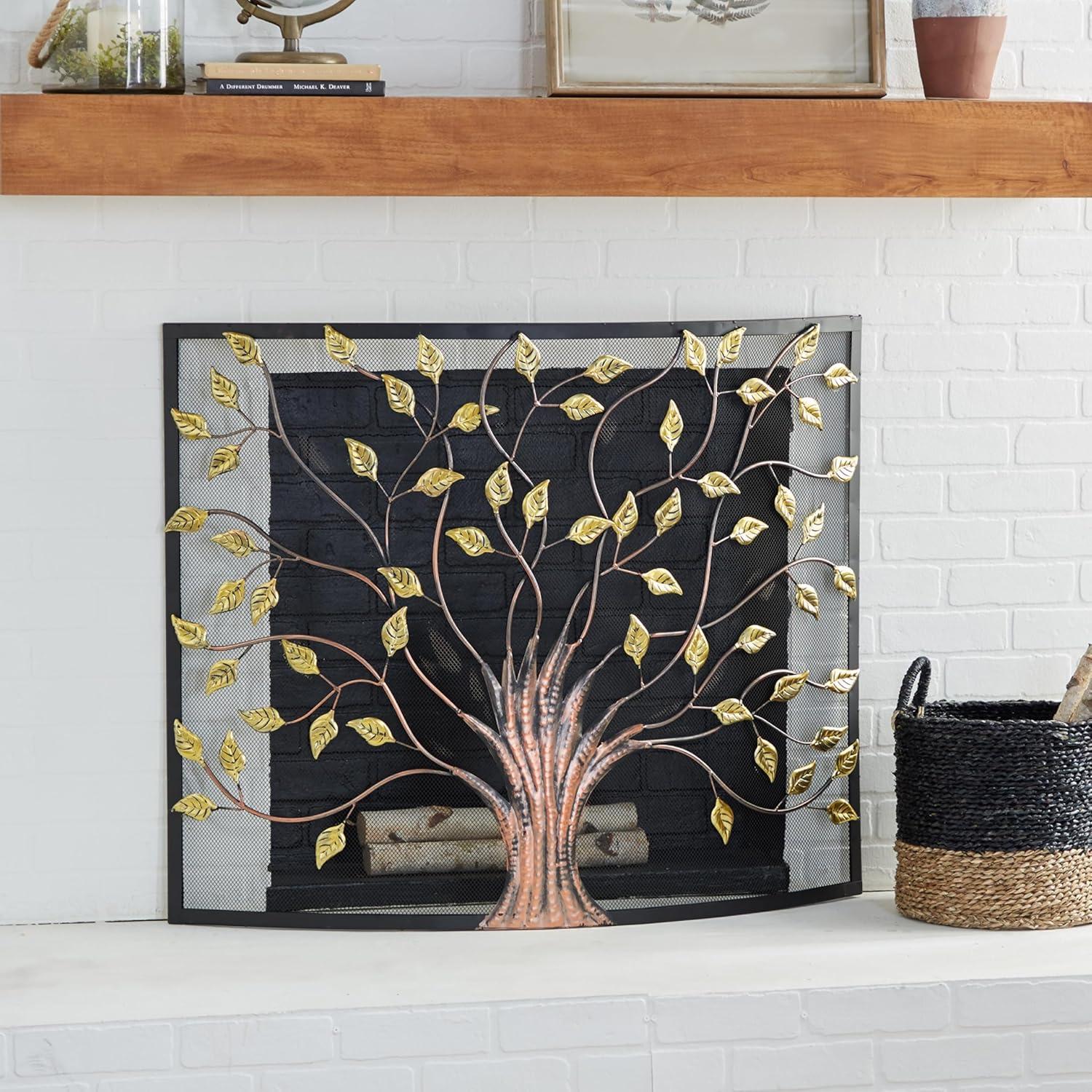 Bronze Metal Tree Design Fireplace Screen with Golden Leaves