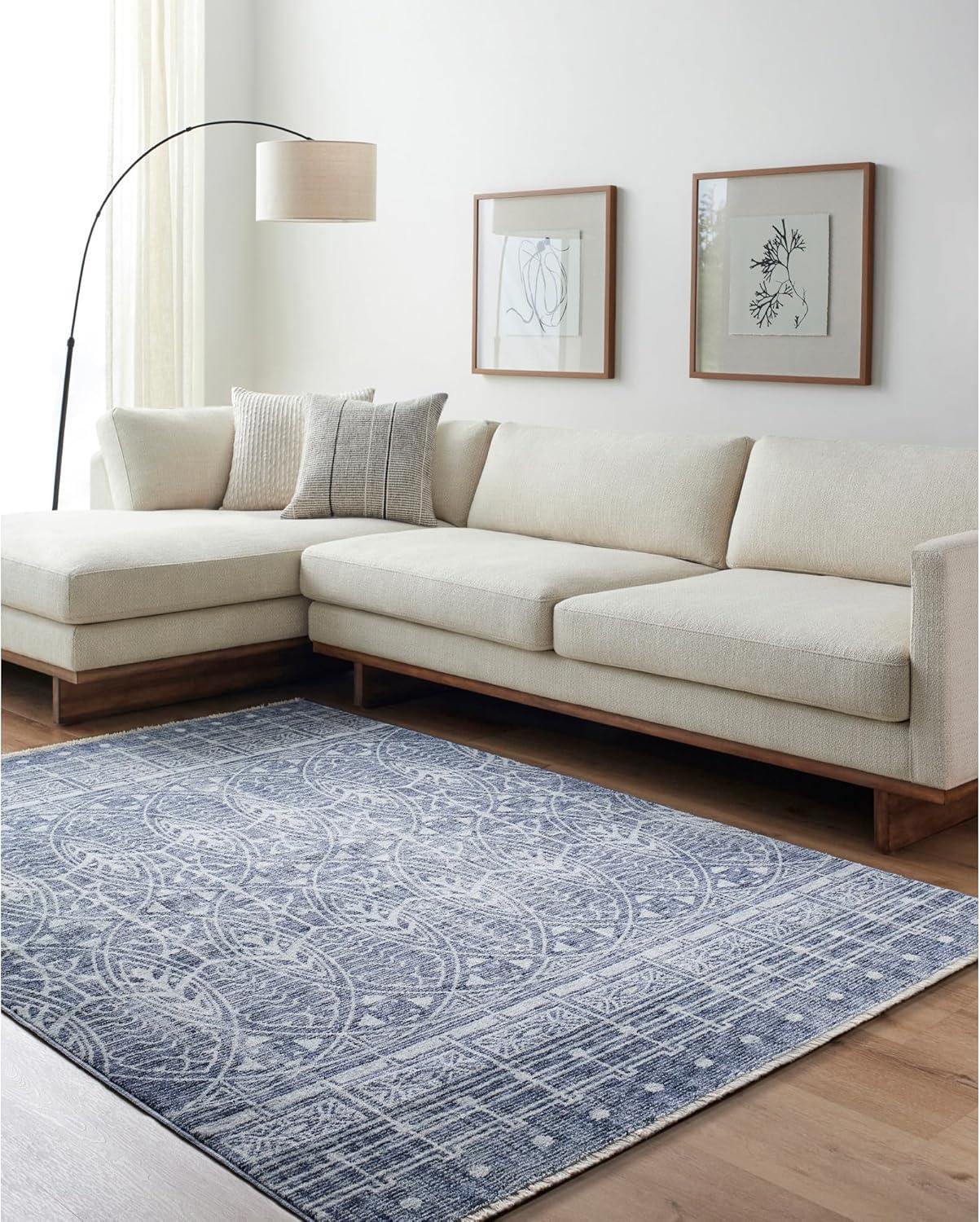 Blue and White Geometric Pattern Rectangular Rug