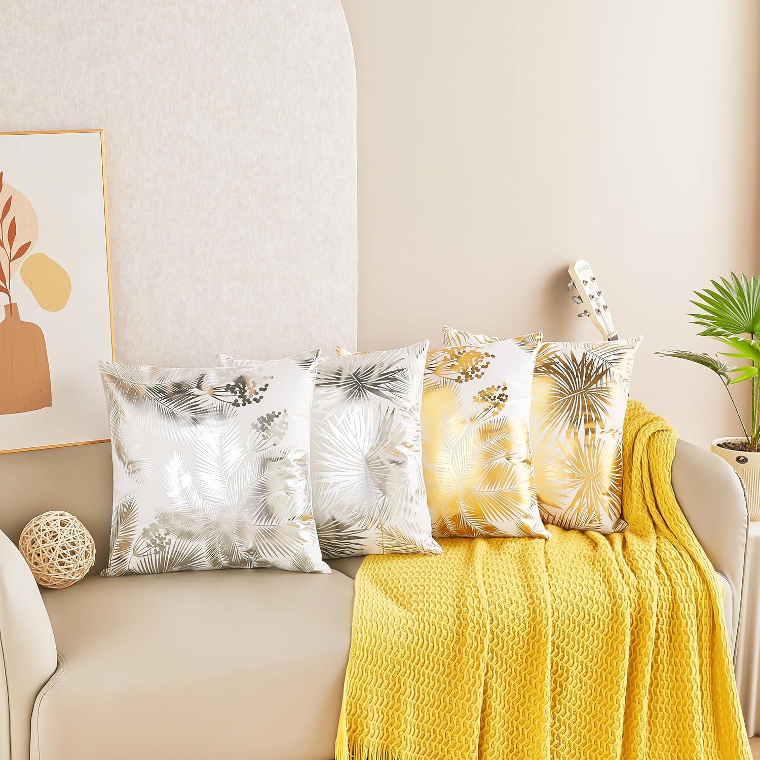 Pack of 4 Decorative Throw Pillow Case Cushion Cover Gold Stamping Leaves 18 x 18 inches 45 x 45 cm for Couch Bedroom Car