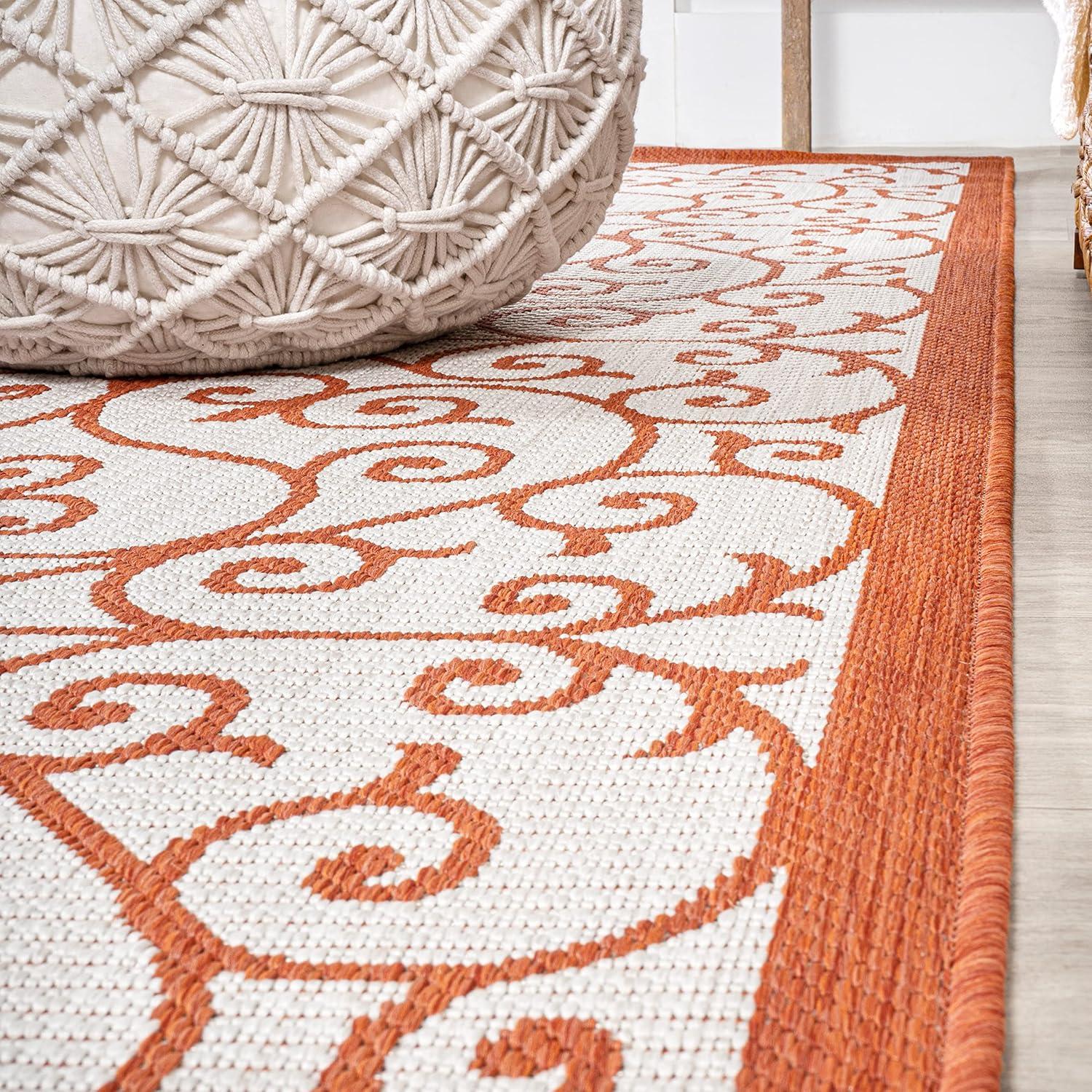 2' x 10' Madrid Vintage Filigree Textured Weave Indoor/Outdoor Runner Rug, Cream/Orange - JONATHAN Y