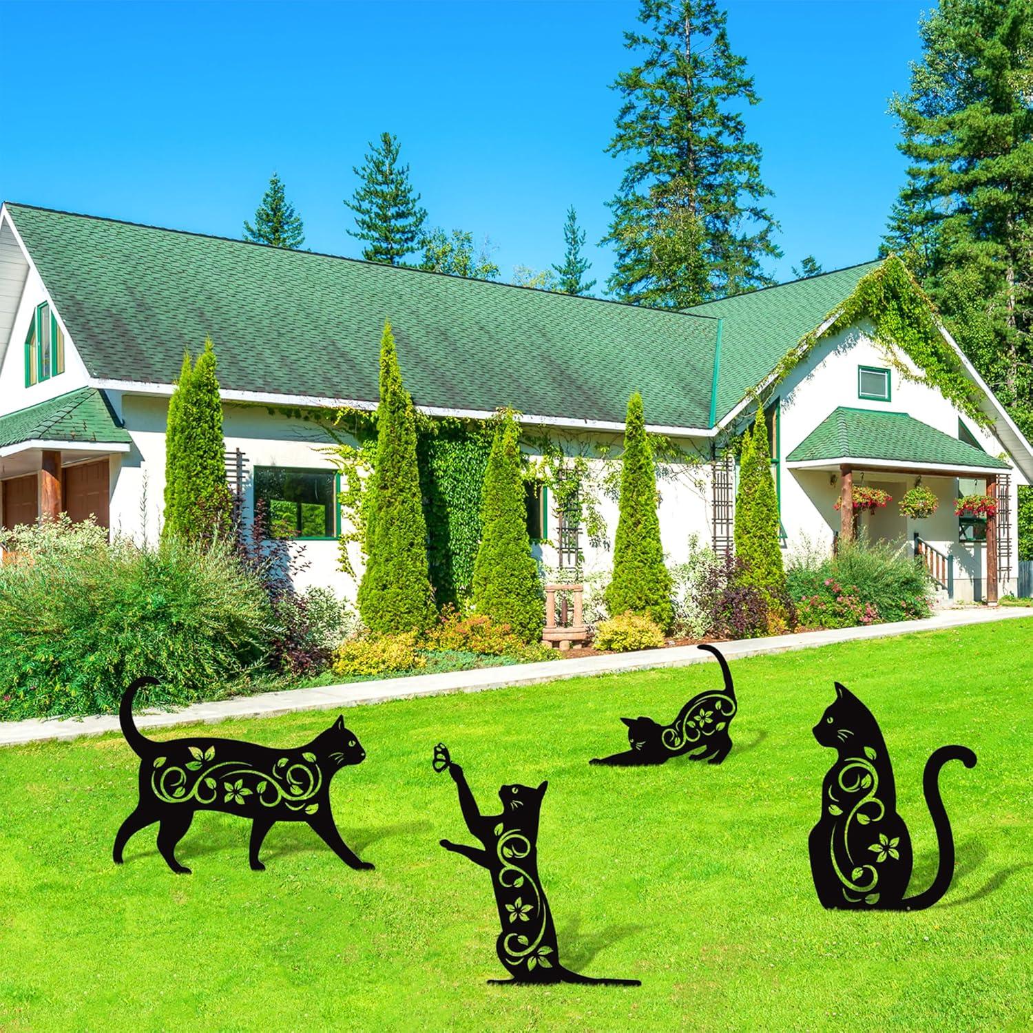 Elcoho 4 Pack Black Cat Silhouette Cute Metal Cat Garden Statues Bird Repellent Cat Decorative Garden Stakes for Yard, Garden, Lawn Outdoor Decorations
