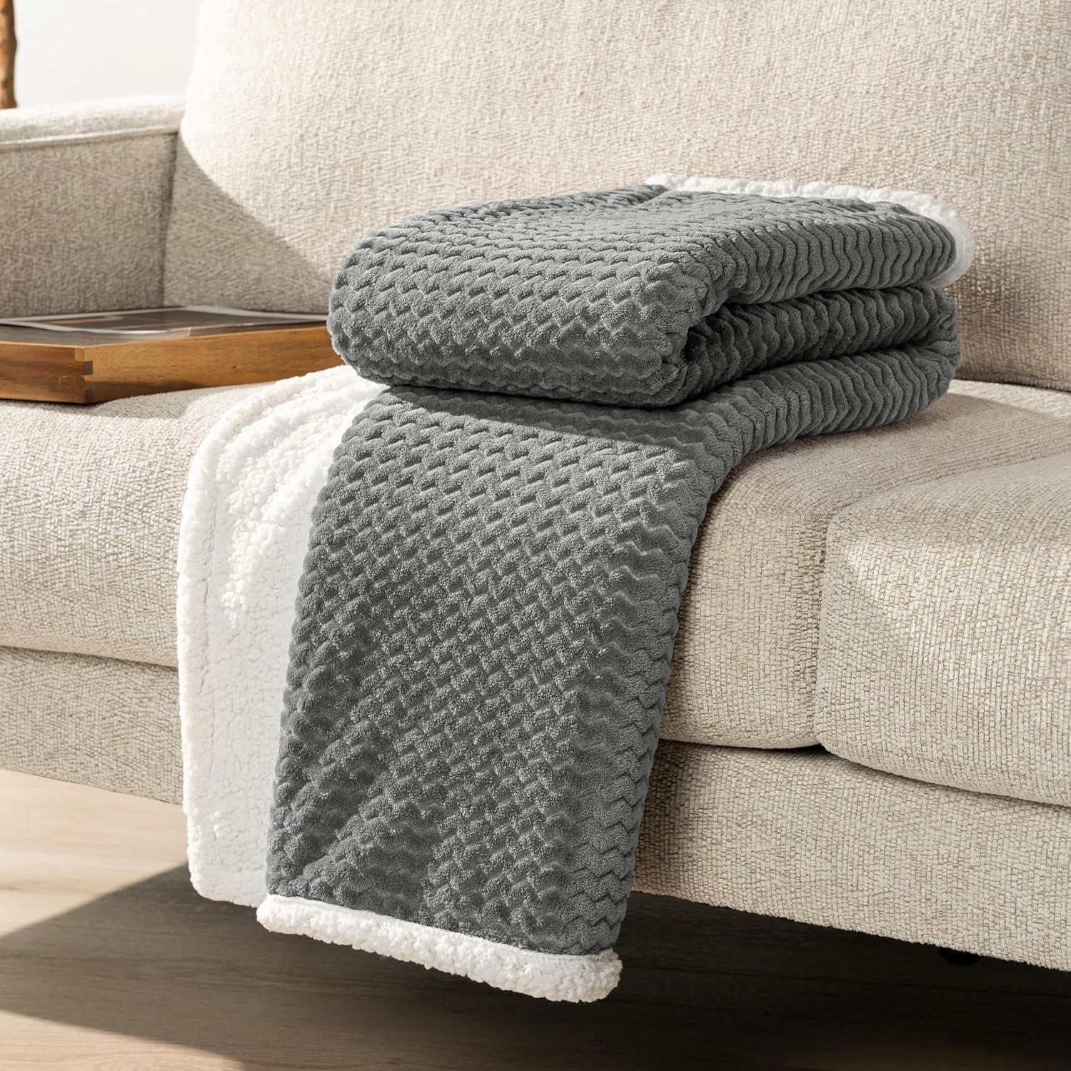 PAVILIA Soft Fleece Blanket Throw for Couch, Lightweight Plush Warm Blankets for Bed Sofa with Jacquard Pattern, Gray/Throw - 50x60