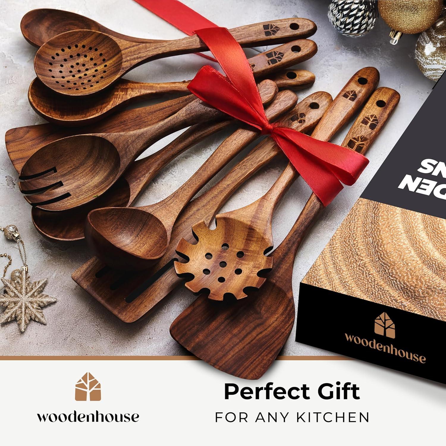 Wooden Spoons for Cooking, 10 Pcs Teak Wood Cooking Utensil Set ‚ Wooden Kitchen Utensils for Nonstick Pans & Cookware ‚ Sturdy, Lightweight & Heat Resistant