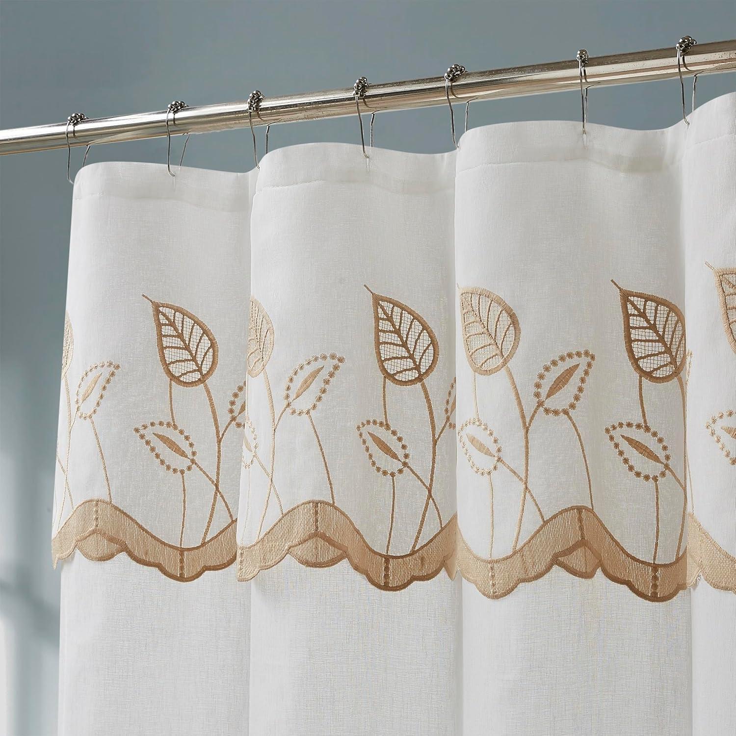 Gold and White Leaf Embroidered Fabric Shower Curtain with Valance, 72" x 72"