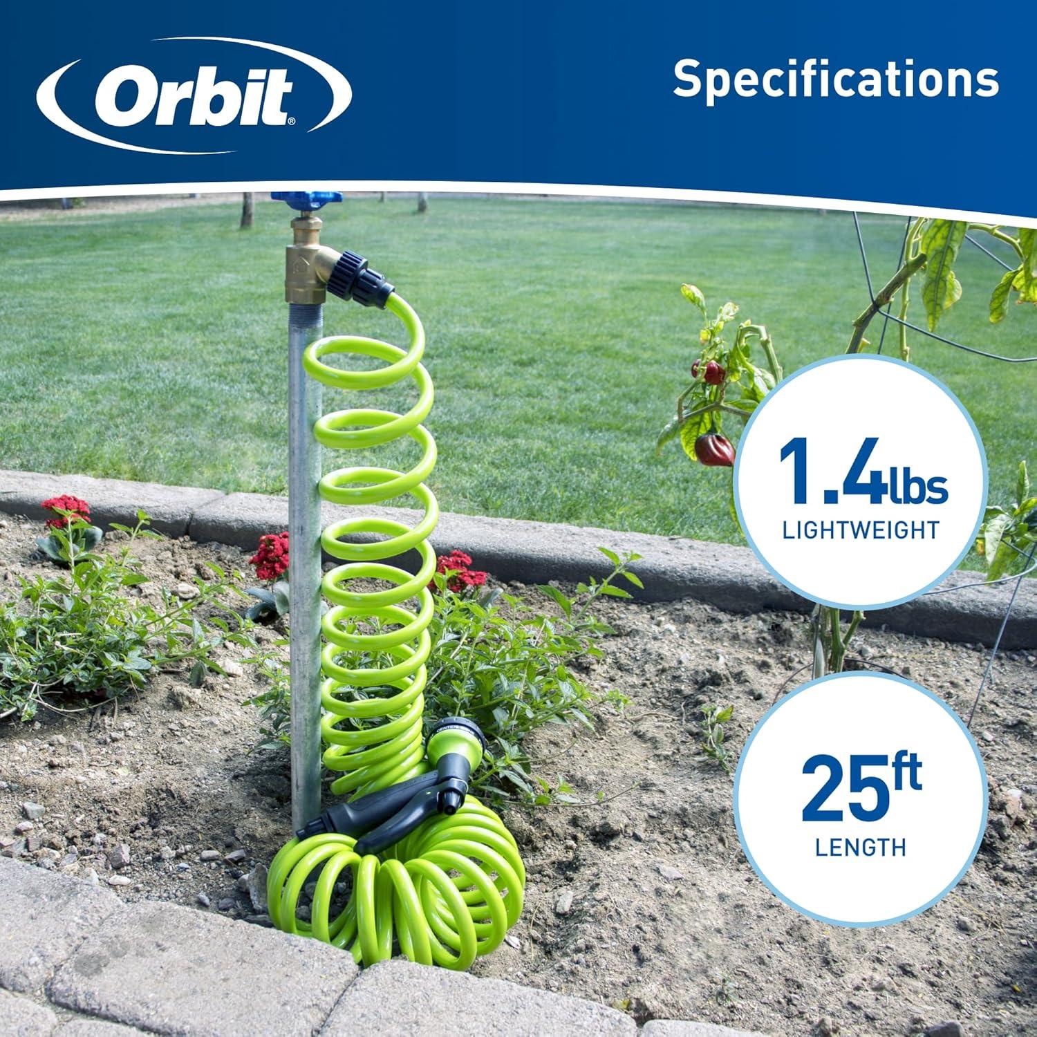 Orbit Coil Garden Hose with Nozzle, Green, 25ft