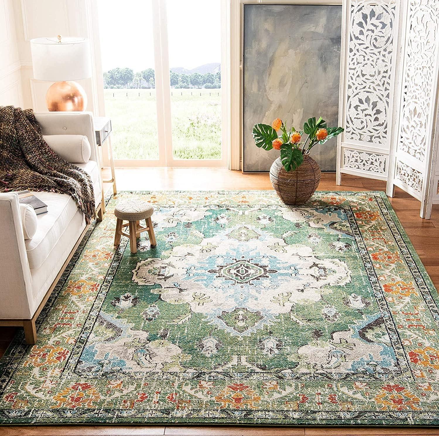 Bohemian Chic Light Blue & Forest Green Synthetic Area Rug - 5'1" x 7'7"