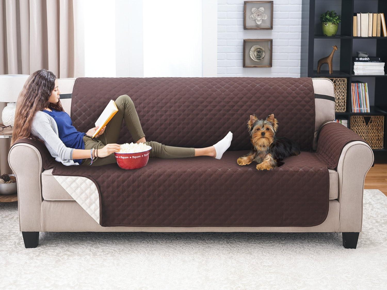 Sofa Cover - Furniture Protector - Shield & Protects from Dogs, Cats, Pets, Kids, Stains - Reversible, Easy Wash & Dry - Chocolate & Tan - 110" W x 75" L