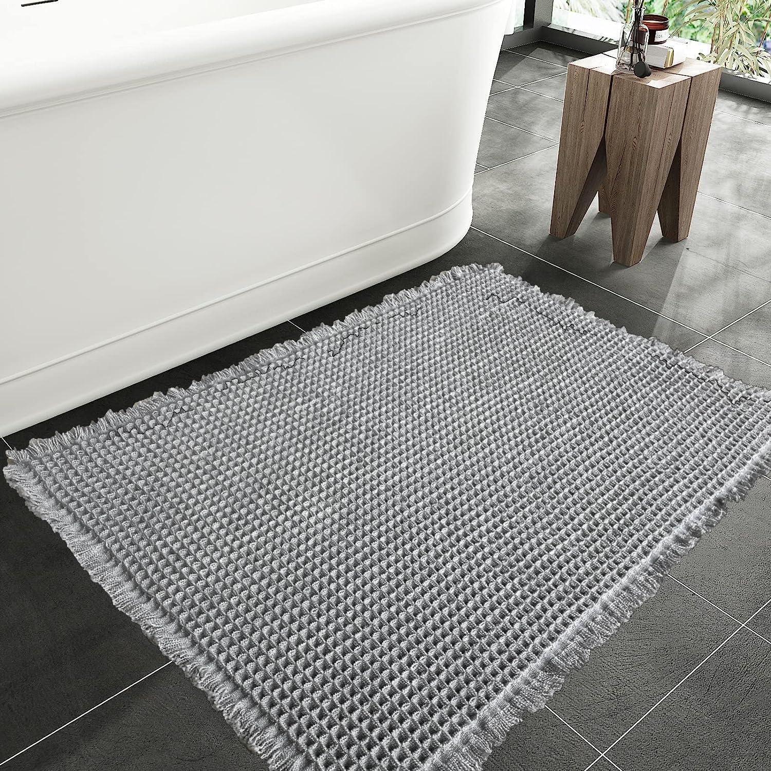 SHIMOH Waffle Bath Mat, Super Absorbent Non-Slip Bath Mats for Bathroom Floor, Machine Washable Bathroom Rugs with Tassels, Rubber Backed Bathroom Mats, Ultra Soft. (Light Gray, 18"X30")