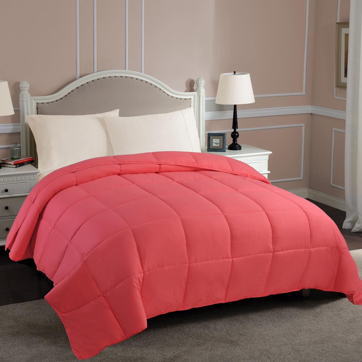 SUPERIOR Classic All-Season Reversible Down Alternative Comforter, Comfy, Fluffy, Cozy, Lightweight, Decorative, Duvet Insert, Plush, Oversized Bedding Essential, Box Quilt Design, Twin, Coral