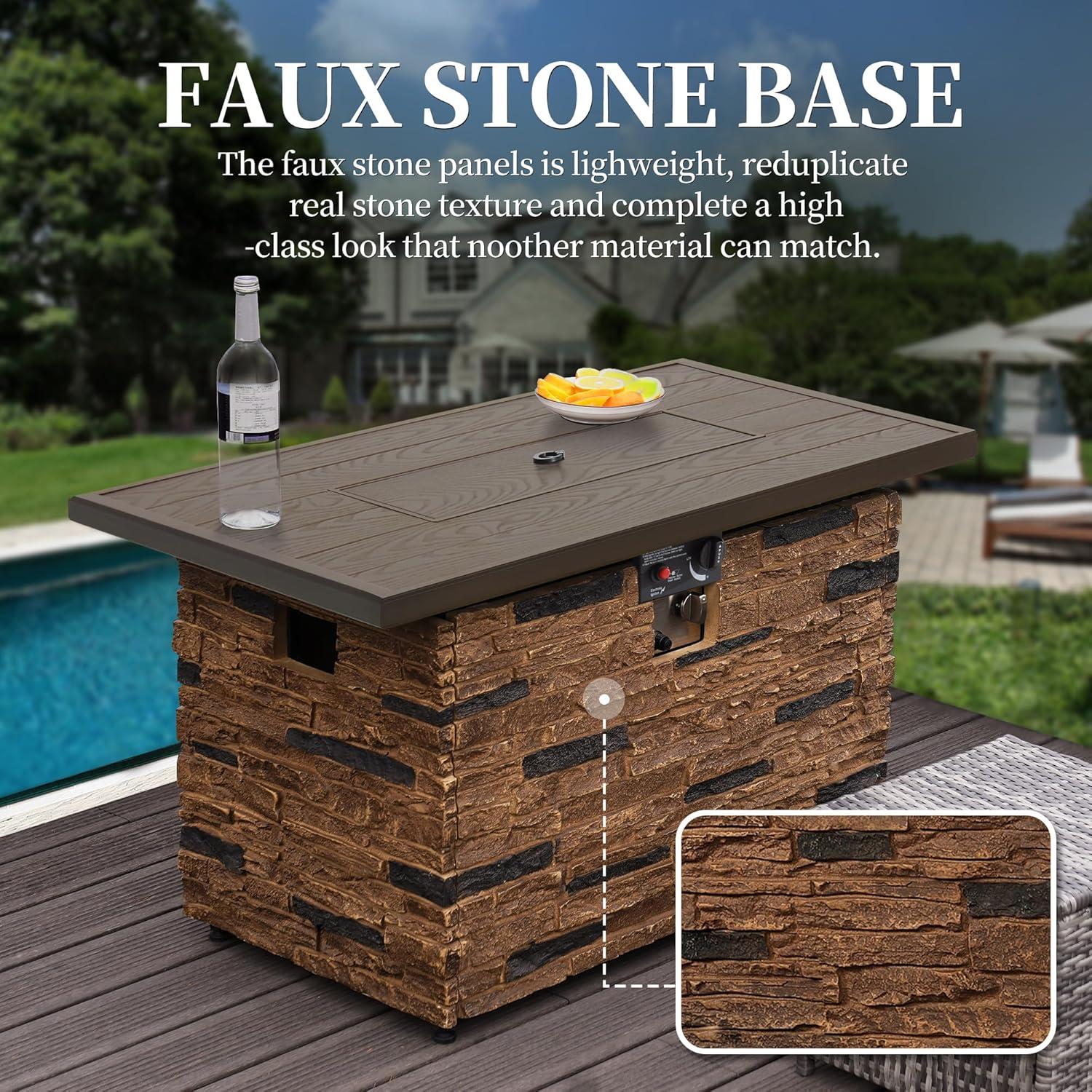 43" Propane Fire Pit Table Outdoor Stone Firepit Table Rectangular 50000 BTU Propane Fire Tables for Outside Patio with Wind Guard, Table Lid, Fire Beads, Cover,Pizzello Caldo (Buff)