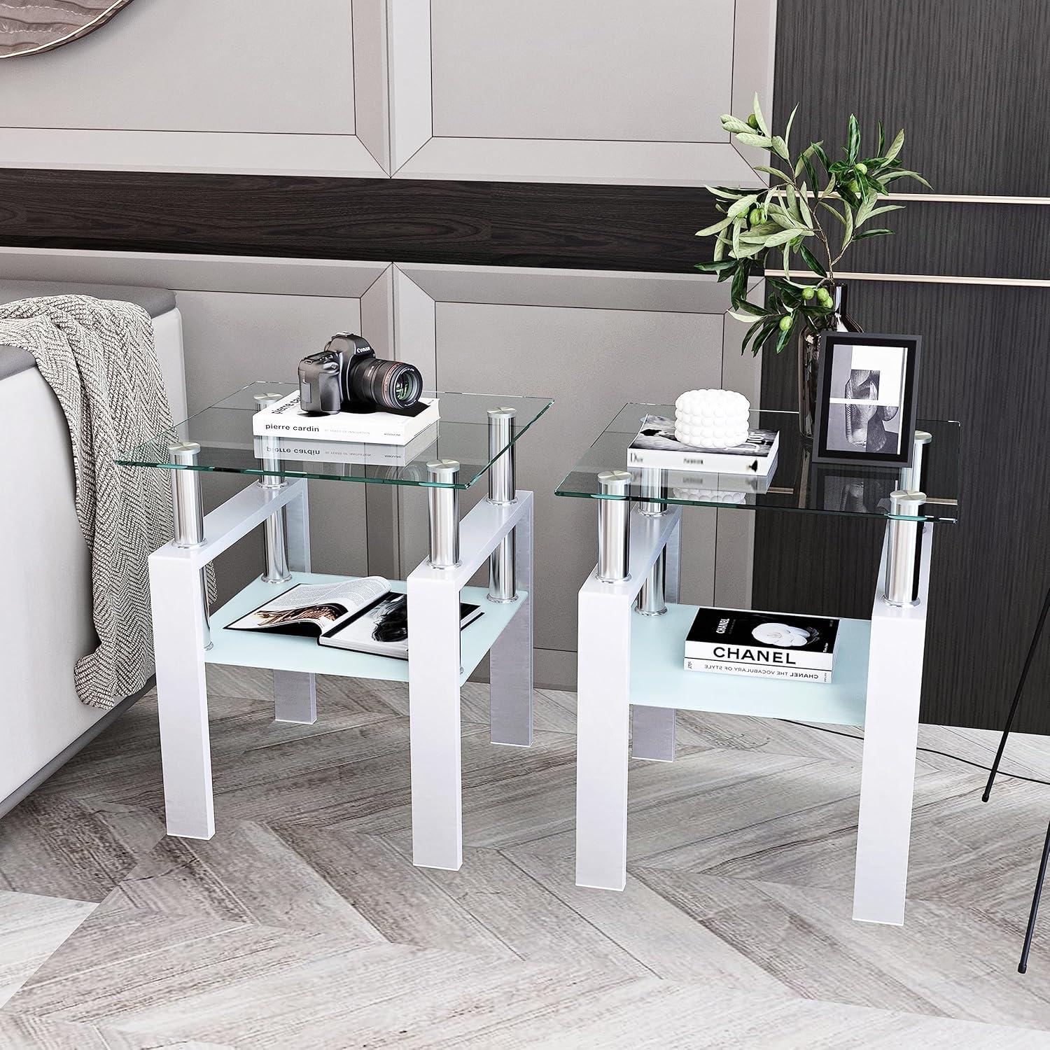 Nmkwnr 2 Pack Tempered Glass Coffee Table End Table for Living Room, Office, White