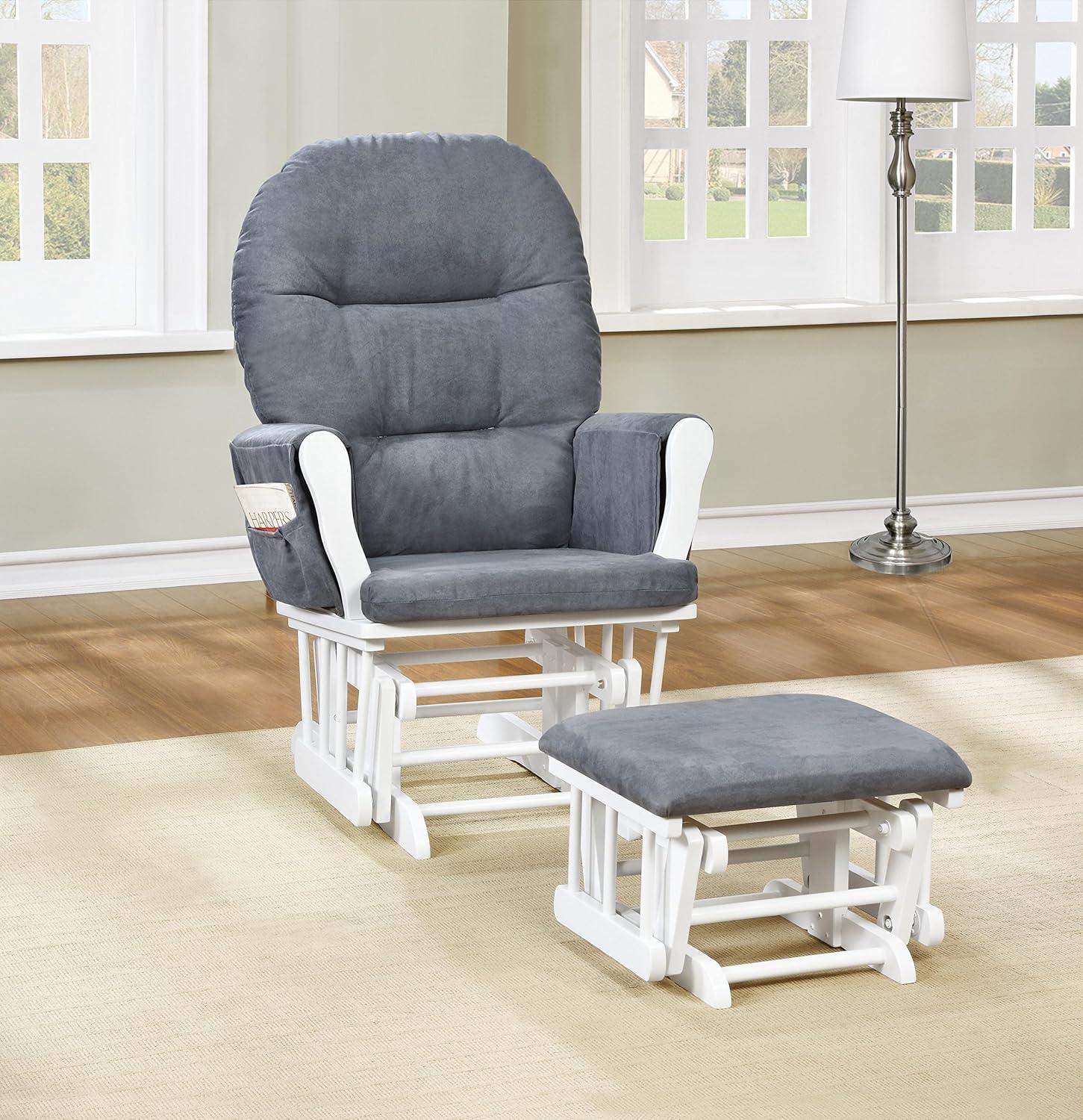 Nursery Glider & Ottoman Sets, Reclining Swivel Glider Rocker with Ottoman, Nursery Rocking Chair for Baby Room, Upholstered Nursery Recliner Glider with Ottoman, Padded Arms - Dark Gray, White