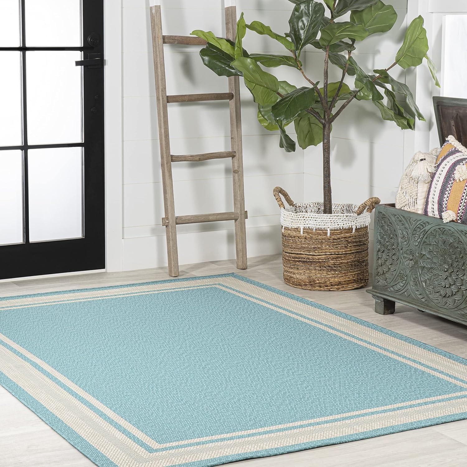 5' x 8' James Modern Border Stripe Indoor/Outdoor Area Rug, Aqua/Beige - JONATHAN Y