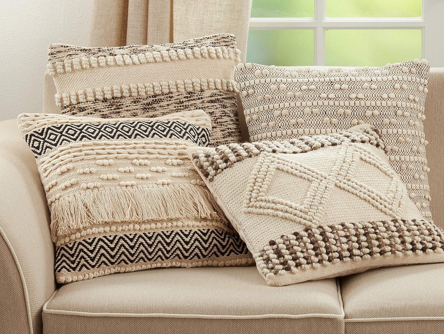 18"x18" Diamond Design Woven Square Pillow Cover Ivory - Saro Lifestyle: Bohemian Style, Zipper Closure