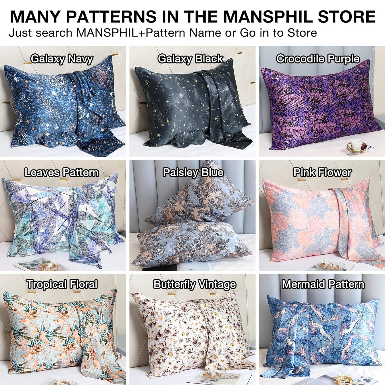 MANSPHIL 22 Momme Silk Paisley Pillowcase, Blue Gray Floral Print, 100% Mulberry Silk Pillow Cases Cover Zipper Closure, Hypoallergenic Beauty Care- Standard Size, 20" x 26"