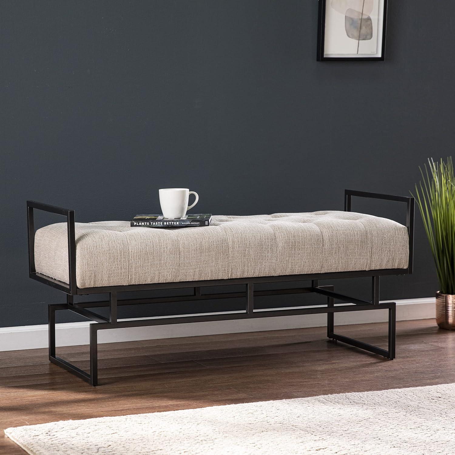 Beige and Gunmetal Gray Upholstered Bench with Iron Base