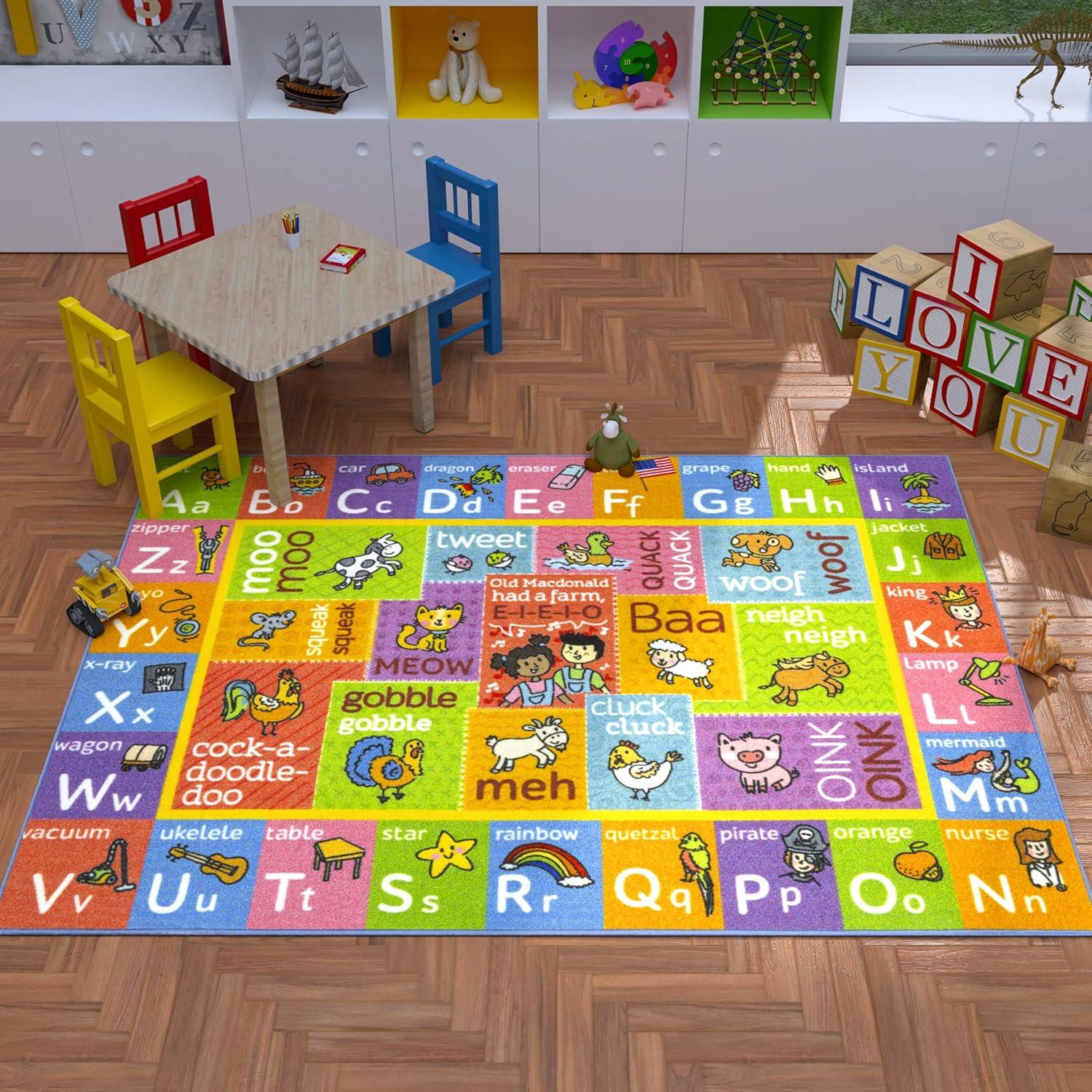 KC CUBS Boy & Girl Kids ABC Alphabet W/ Animals & Sounds Educational Learning & Fun Game Play Nursery Bedroom Classroom Rug Carpet, 5' 3" x 6' 6"