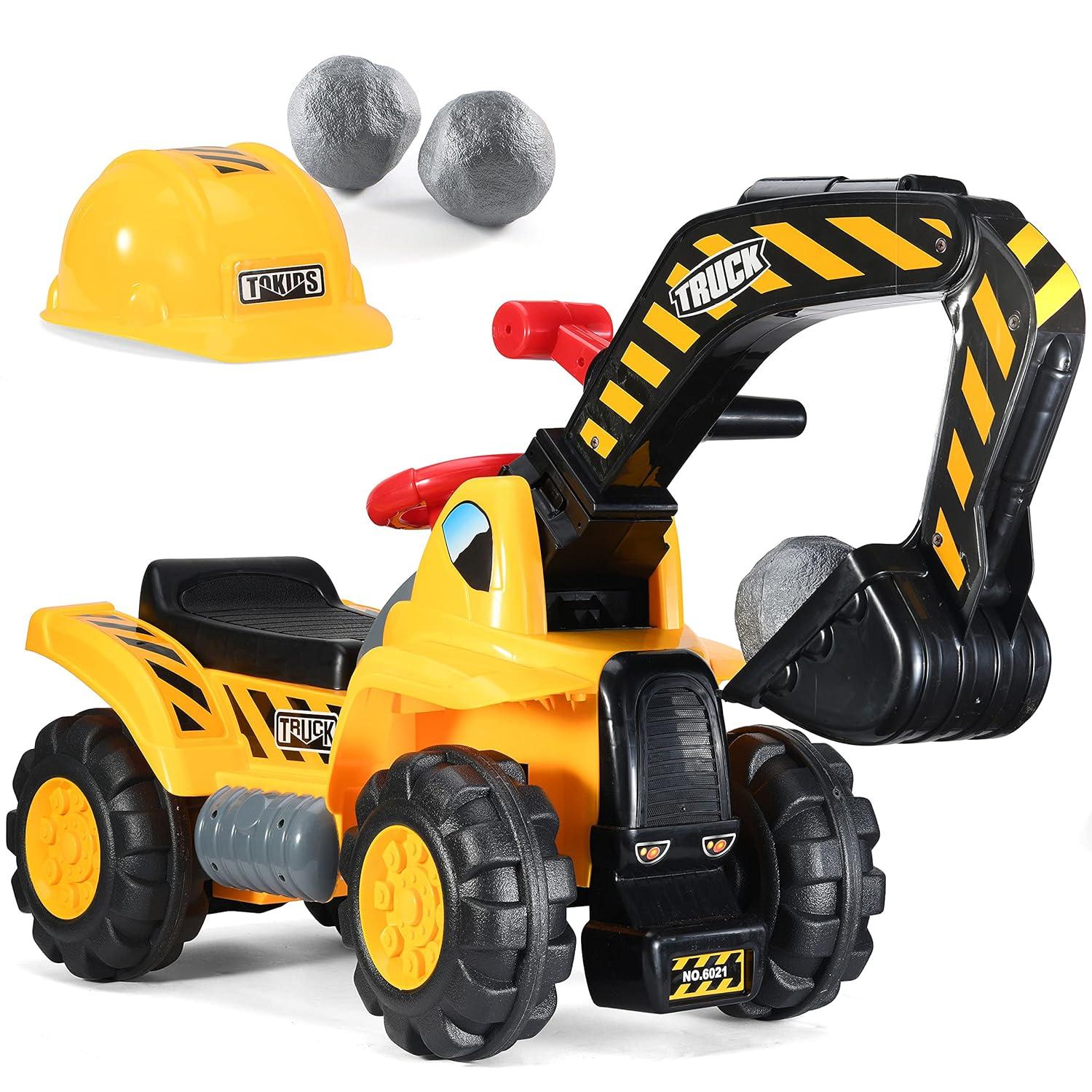 Toy Tractors For Kids Ride On Excavator - Music Sounds Digger Scooter Tractor Toys Bulldozer Includes Helmet With Rocks - Ride On Tractor Pretend Play - Toddler Tractor Construction Truck - By Play22