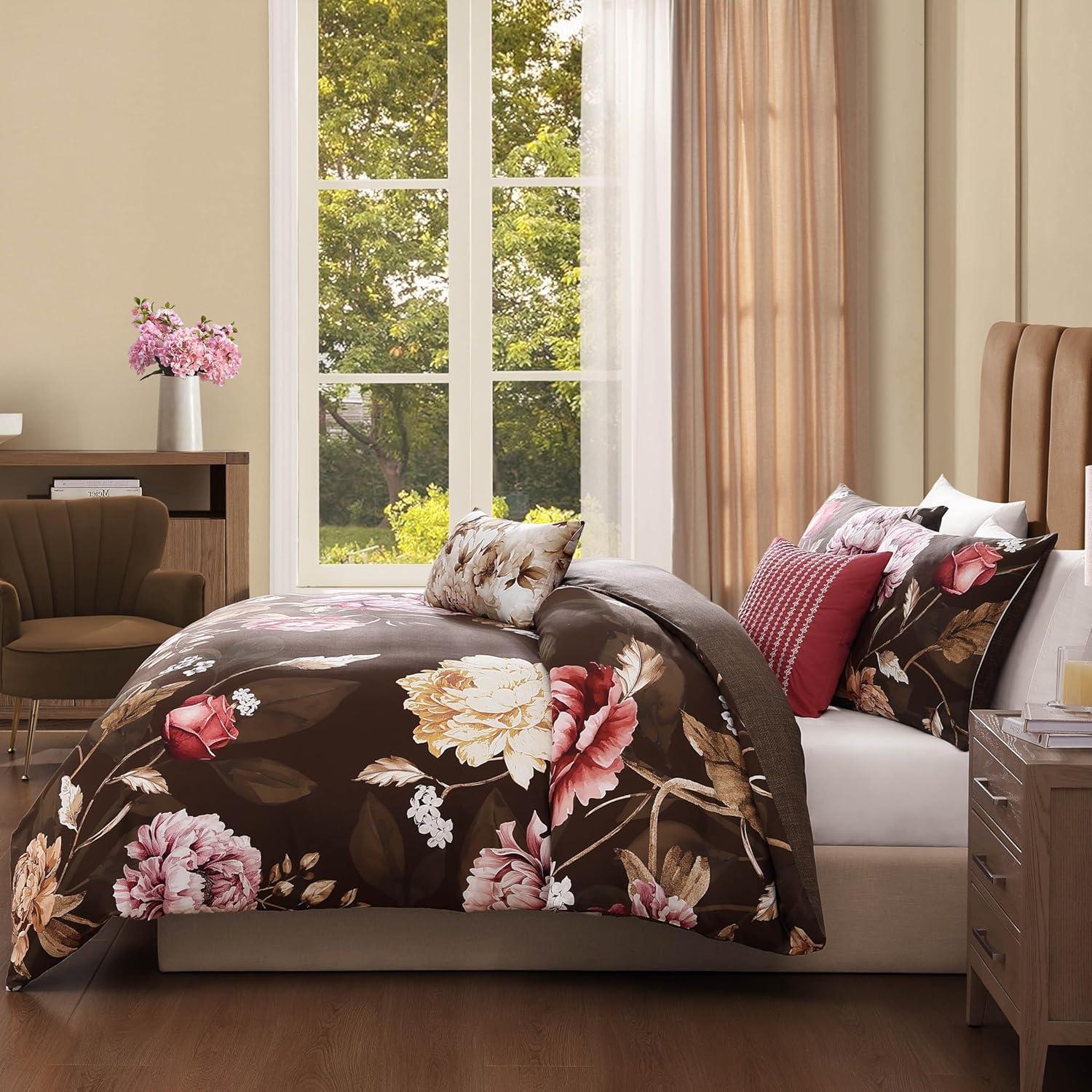 BeBeJan Bebejan Floral Garden on Mocha 100% Cotton 5-Piece Reversible Comforter Set