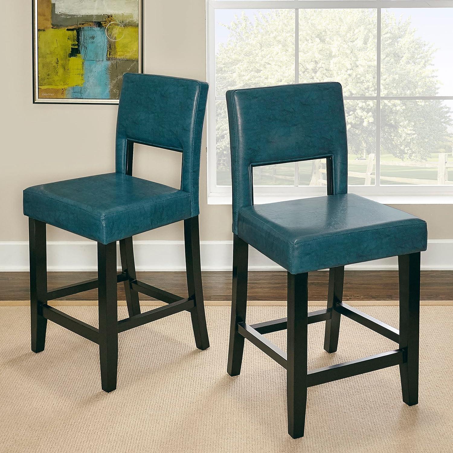 Linon 24" Vega Padded Back and Seat Faux Leather Counter Height Barstool Hardwood Blue: Upholstered, Stained Finish, Foam Fill