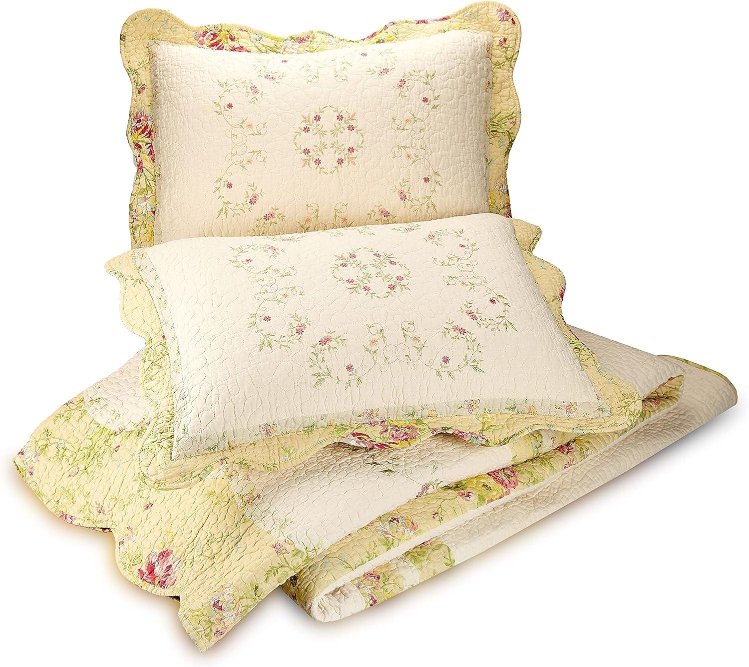 Standard Prairie Bloom Sham Yellow - Mary Jane's Home: Embroidered Cotton Botanical Design, Machine Washable, 140 Thread Count