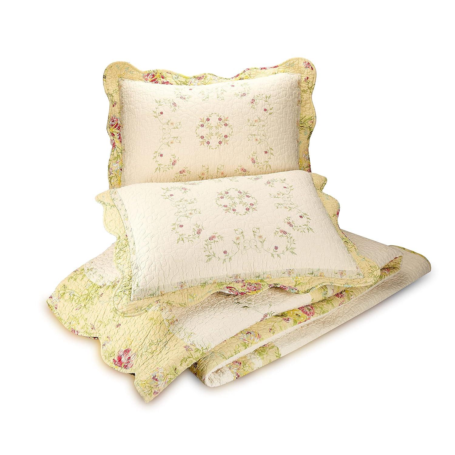 Queen Prairie Bloom Bedspread Yellow - Mary Jane's Home: Cotton Floral Bedding, Machine Washable, 140 Thread Count