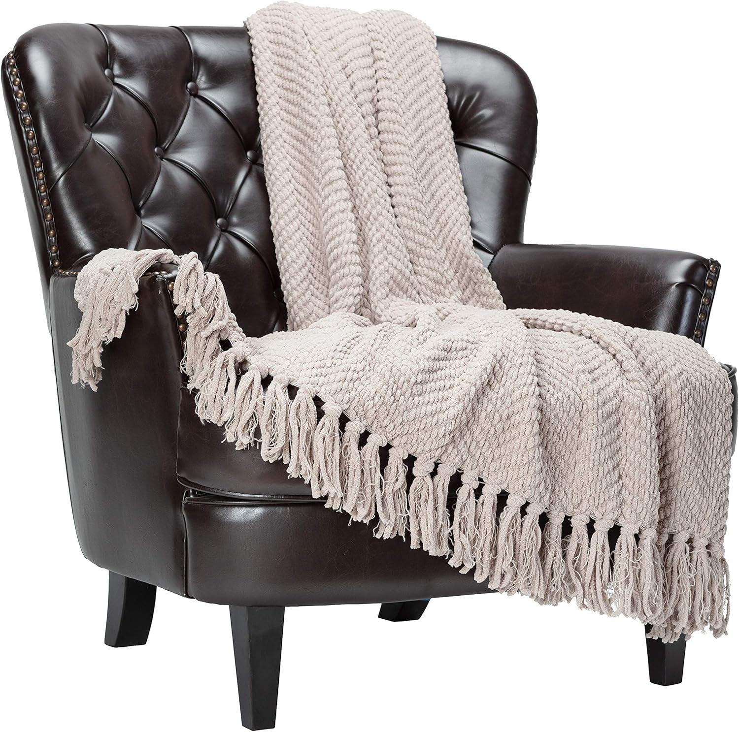 Chanasya Textured Knit Throw Blanket with Tassels - 50" x 65” - Taupe
