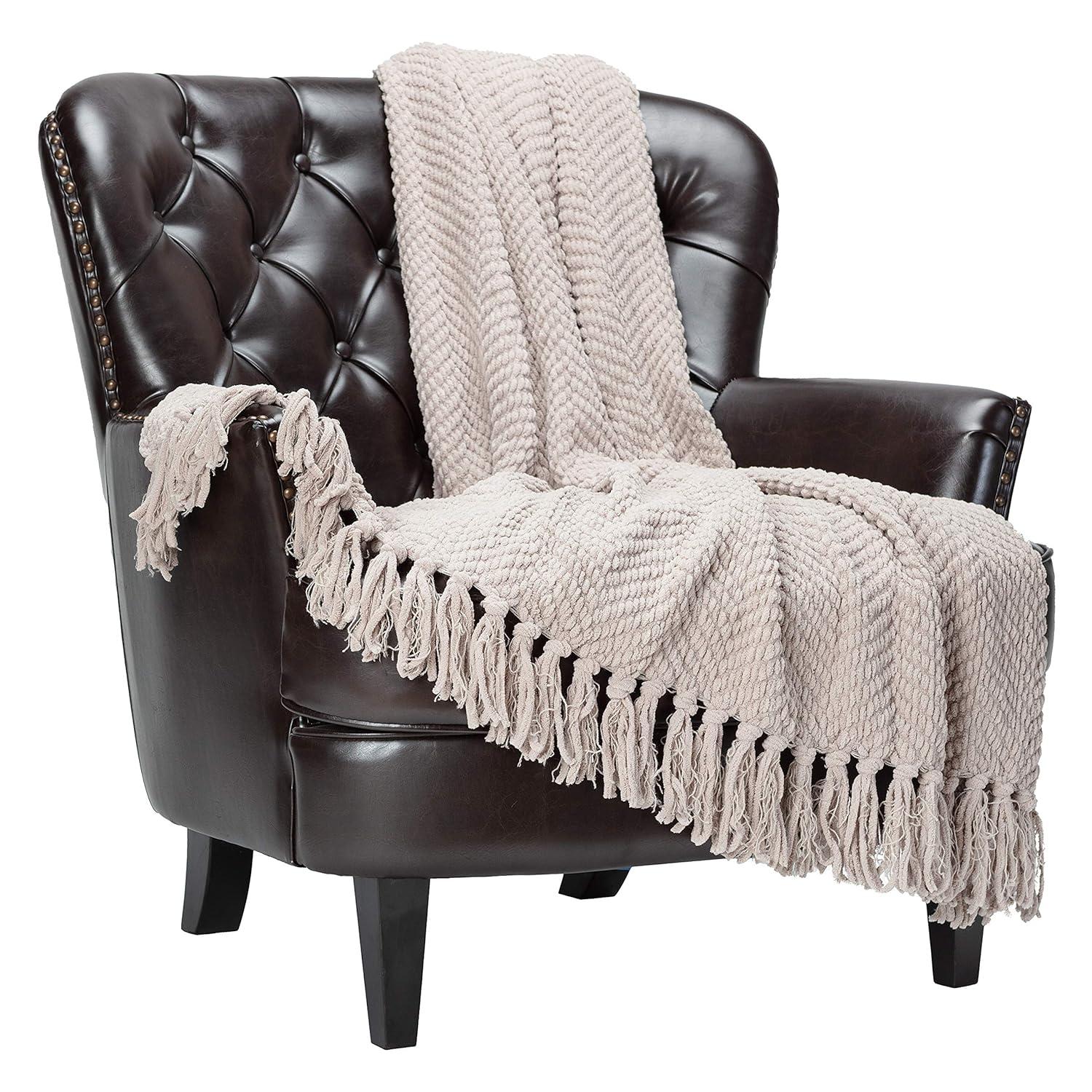 Chanasya Textured Knit Throw Blanket with Tassels - 50" x 65” - Taupe