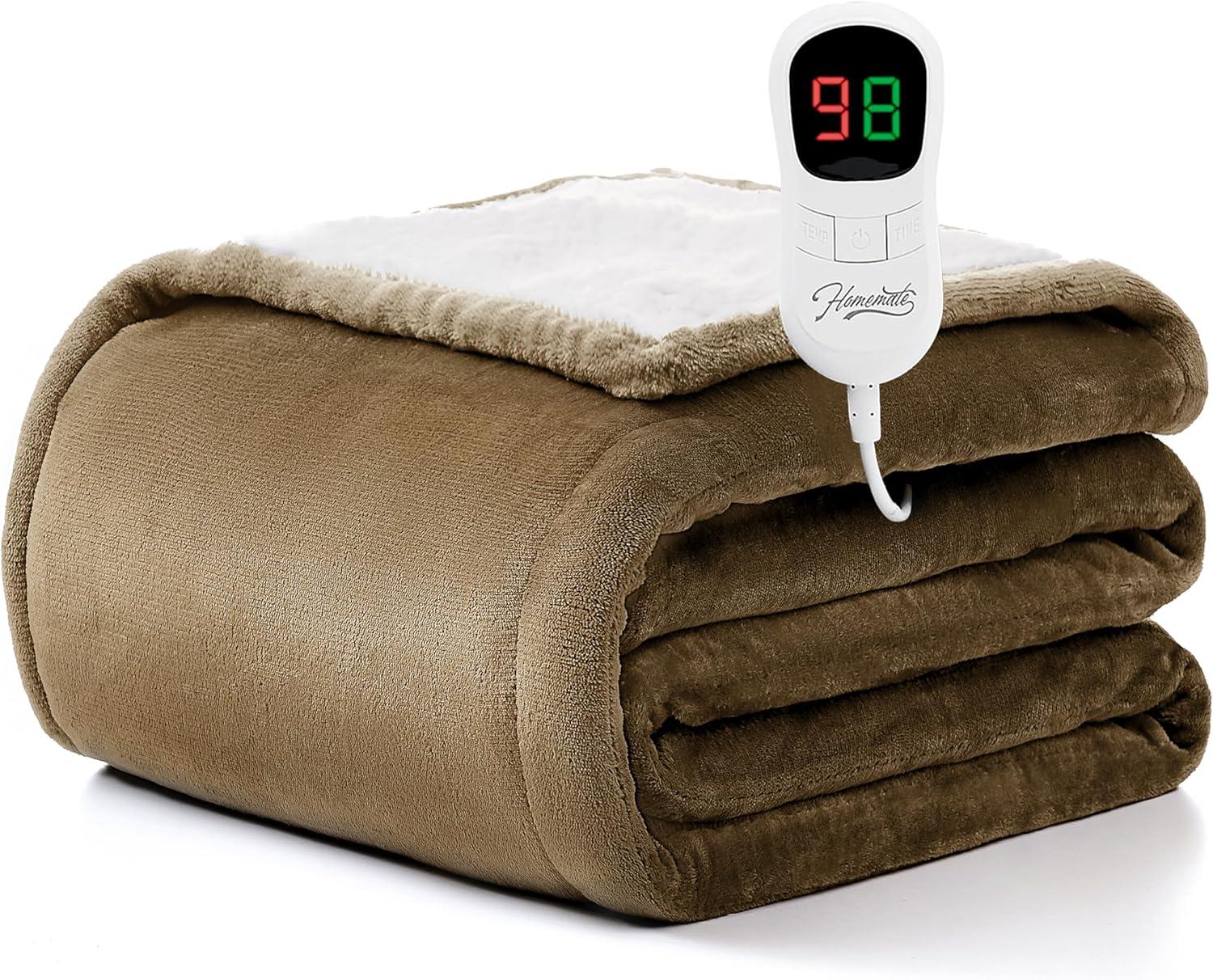Homemate Electric Heated Blanket Throw - 50"x60" Heating Blanket Throw Size 1/2/4/6/8 Hours Auto-off 10 Heat Level Heat Blanket Over-heat Protection Flannel Sherpa Big Heater Blanket ETL Certification