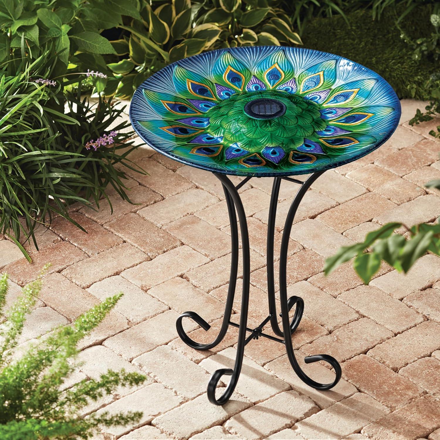 Teamson Home 17.8" Round Detailed Fusion Glass Birdbath with Solar-Powered Light