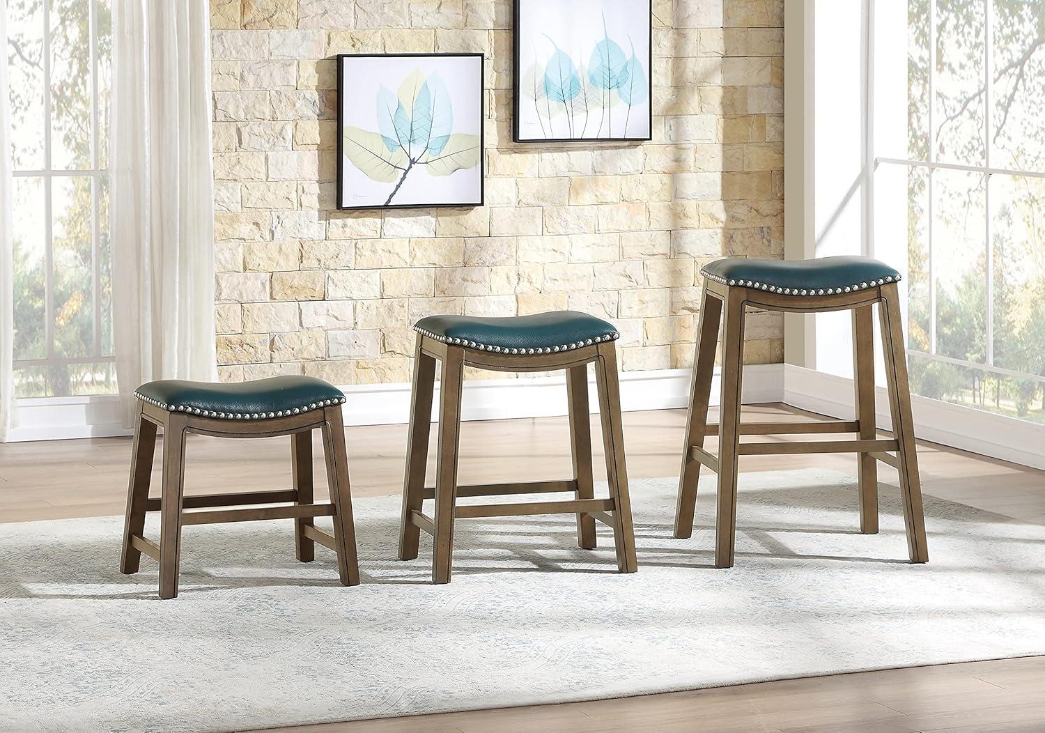 Green Backless Saddle Style Wood and Leather Counter Stool