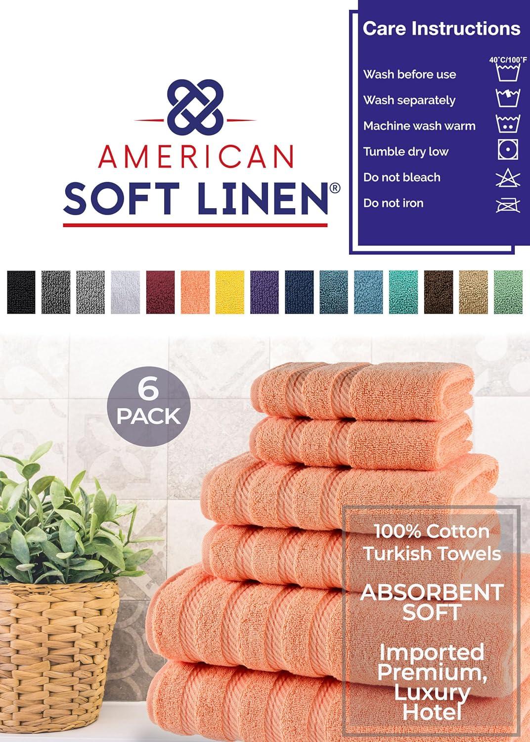American Soft Linen 6 Piece Towel Set, 100% Cotton Bath Towels for Bathroom, Malibu Peach