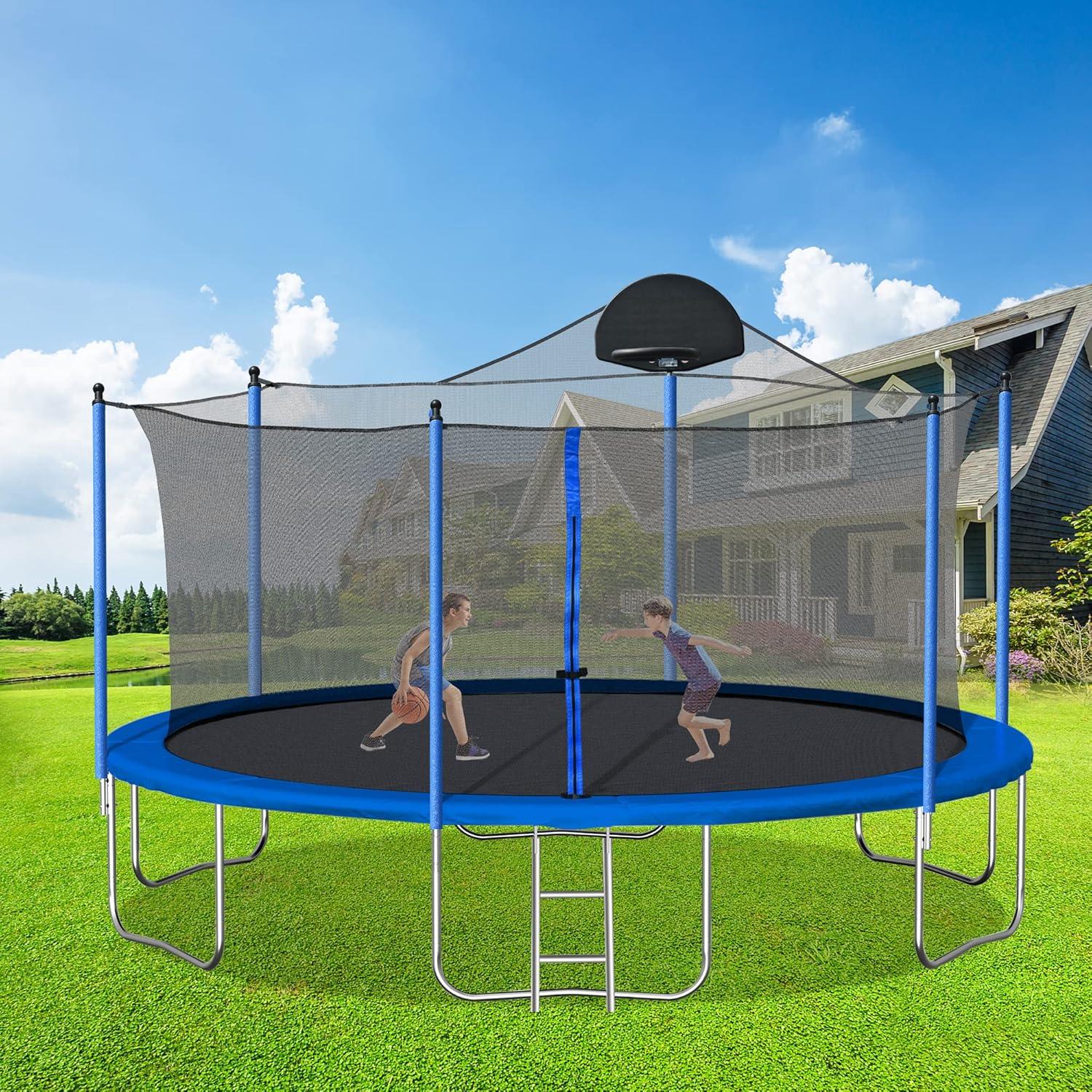 14 FT Trampoline Outdoor with Basketball Hoop, Backyard Trampoline with Enclosure Net, Heavy Duty Large Trampoline for Kids and Adults, Double-side Color cover