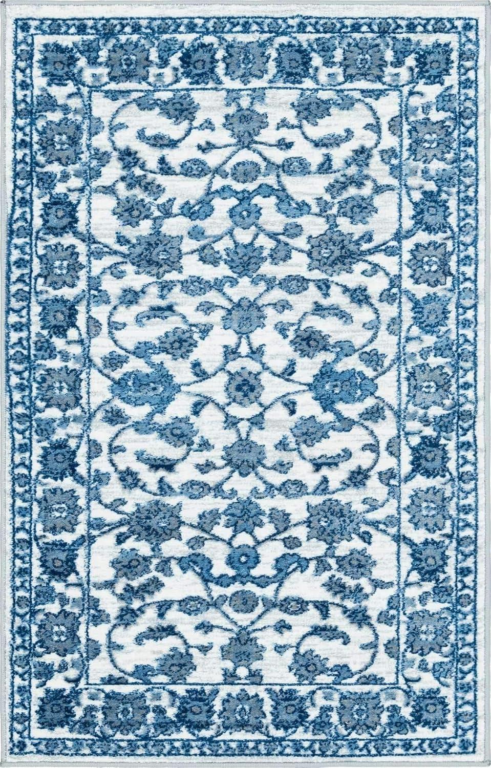 White Blue Floral Rectangular Synthetic Easy Care Rug