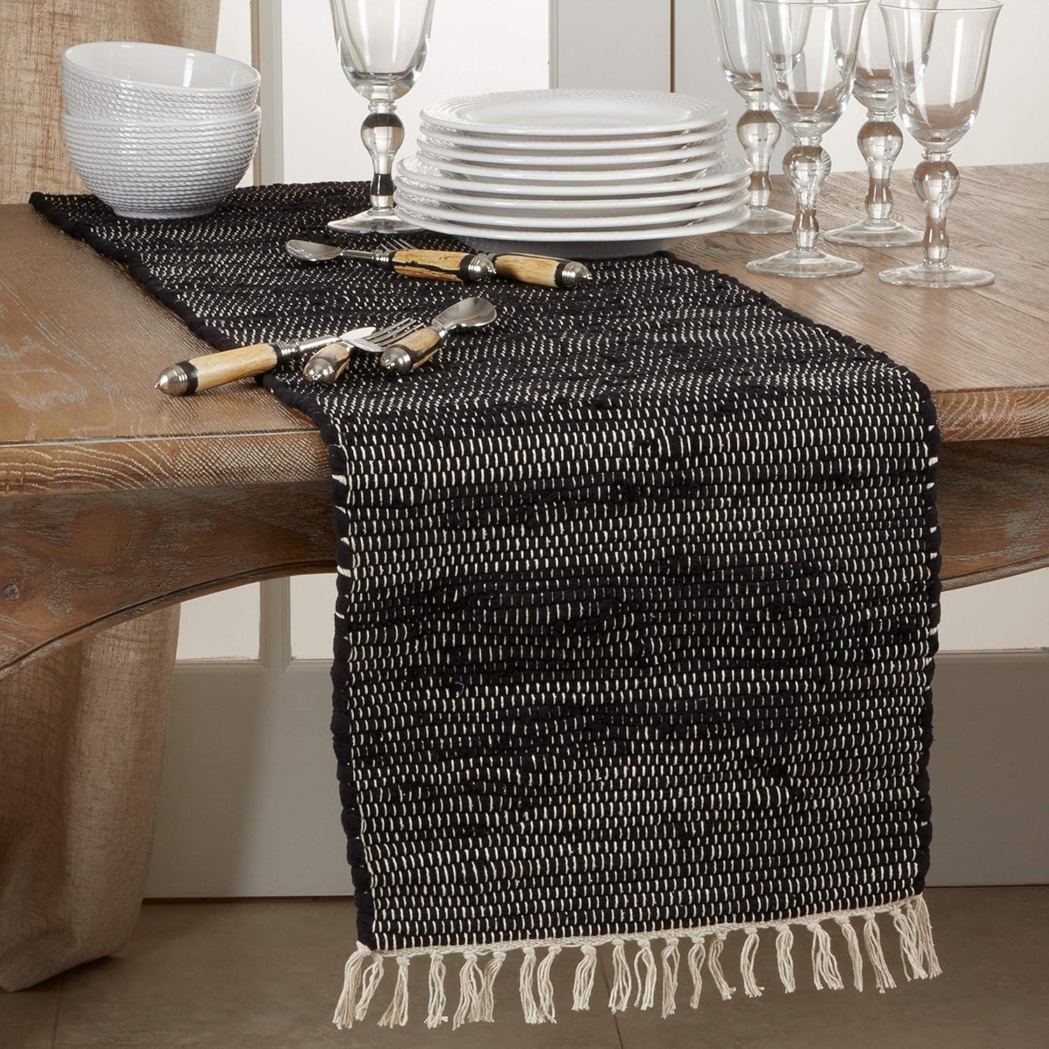 Black Cotton Chindi Table Runner with Tasseled Edges