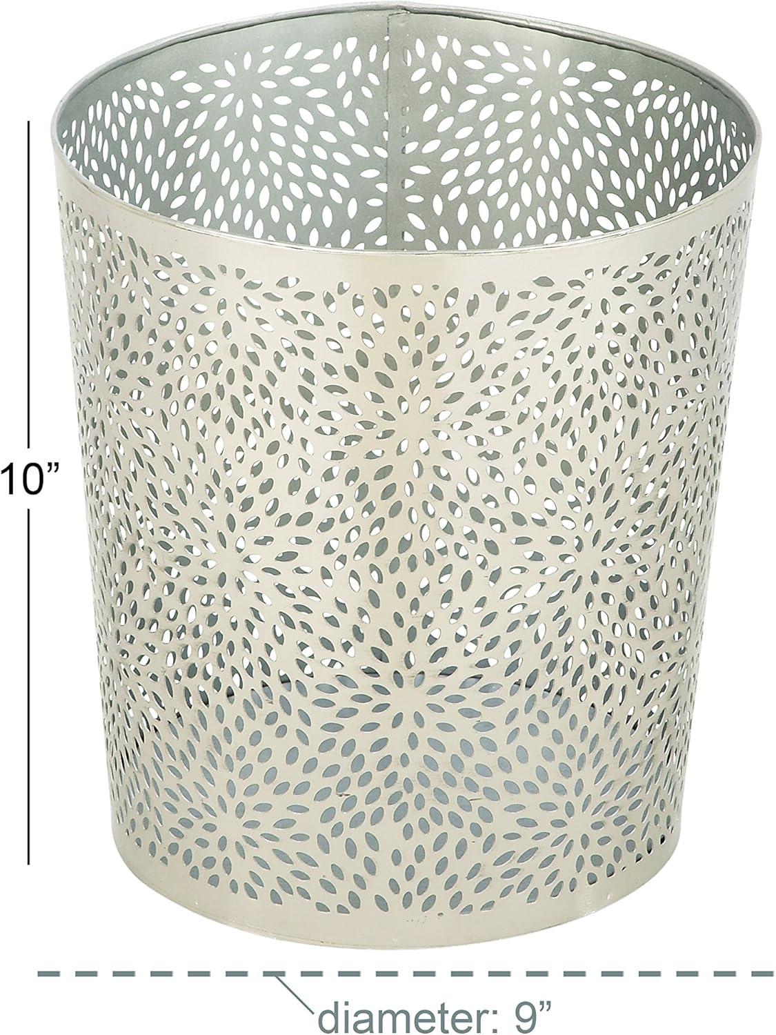 CosmoLiving by Cosmopolitan 9" x 10" Silver Metal Small Waste Bin with Laser Carved Floral Design, 1-Piece