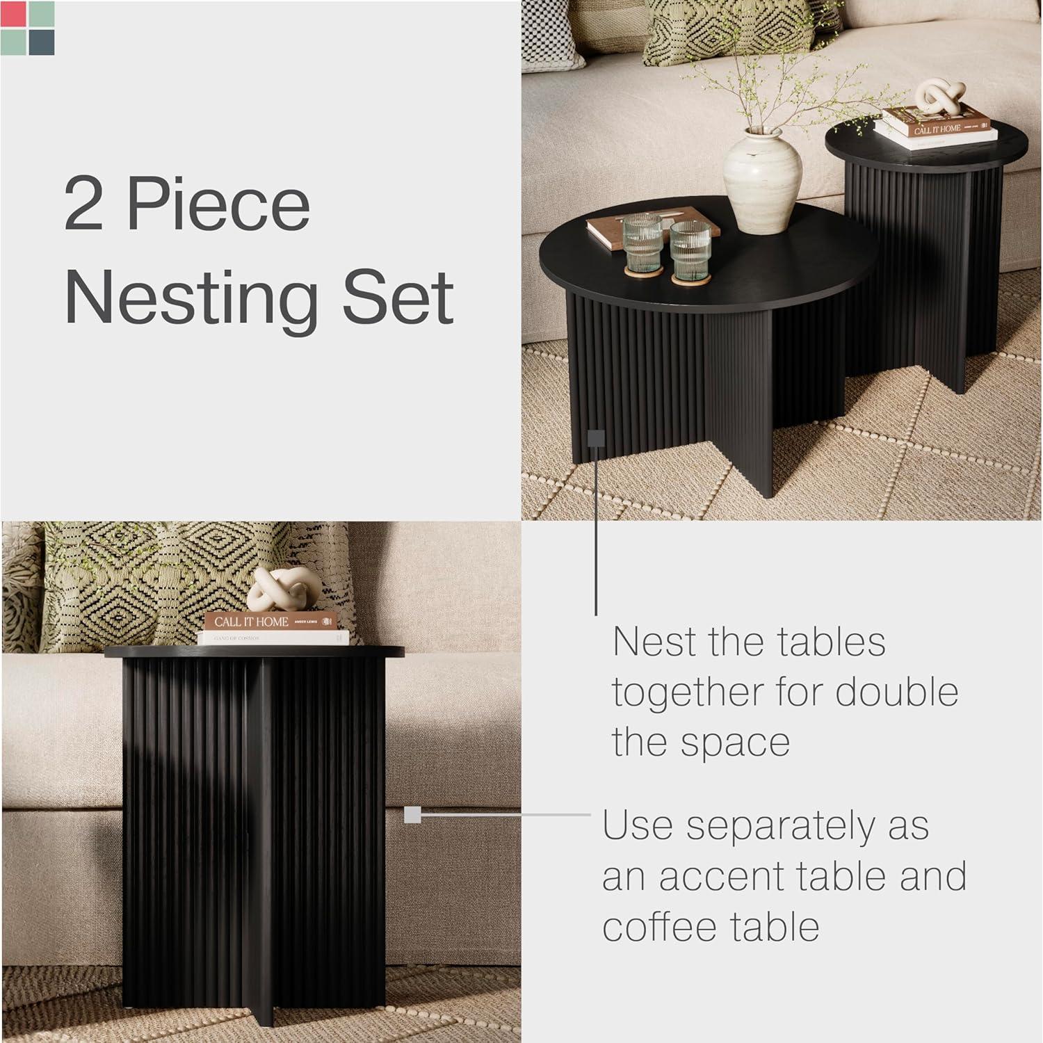 Stead Round Fluted Nesting Coffee Table - 2 Piece Modern Coffee Table Set - Solid Wood Base (Blackened Oak)