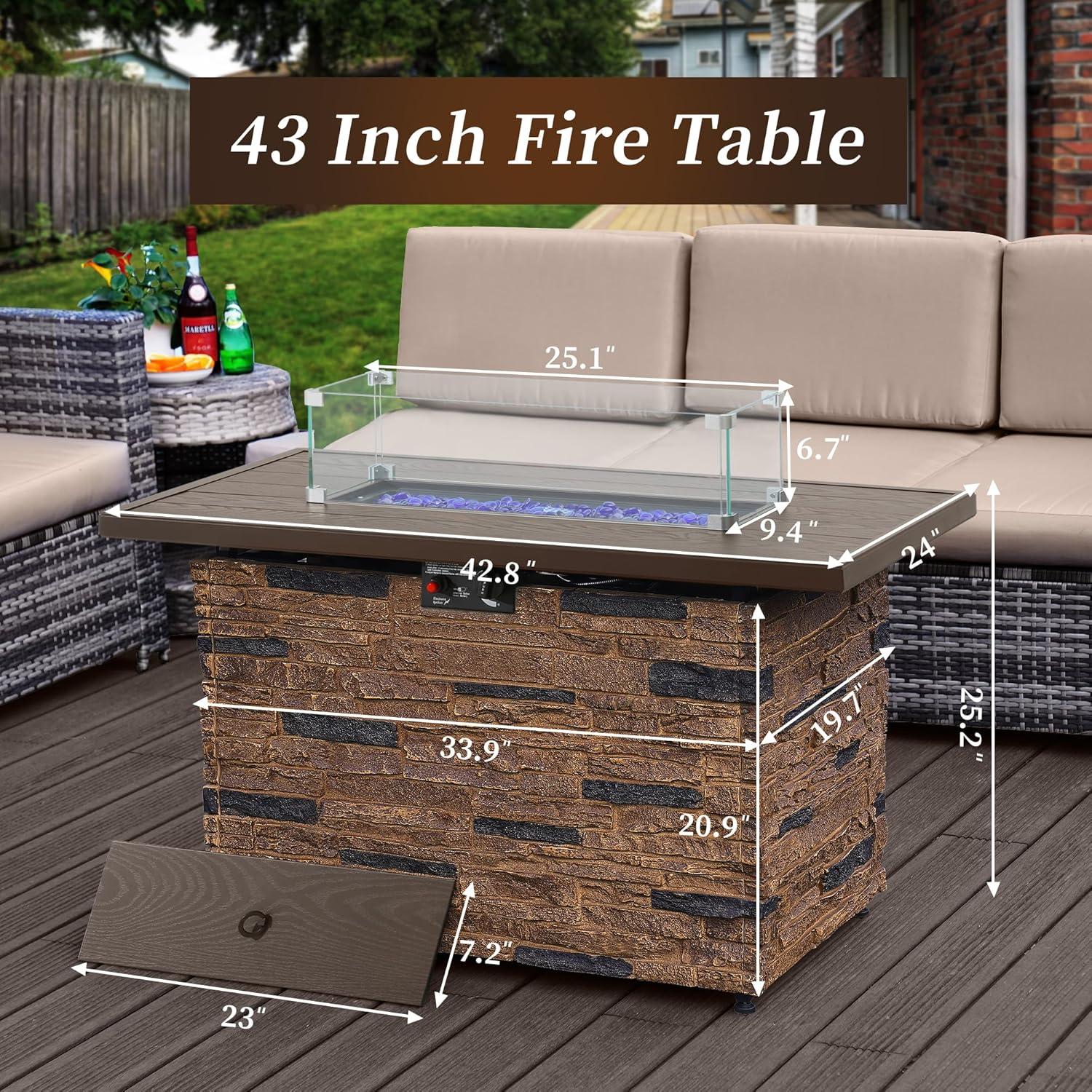 43" Propane Fire Pit Table Outdoor Stone Firepit Table Rectangular 50000 BTU Propane Fire Tables for Outside Patio with Wind Guard, Table Lid, Fire Beads, Cover,Pizzello Caldo (Buff)