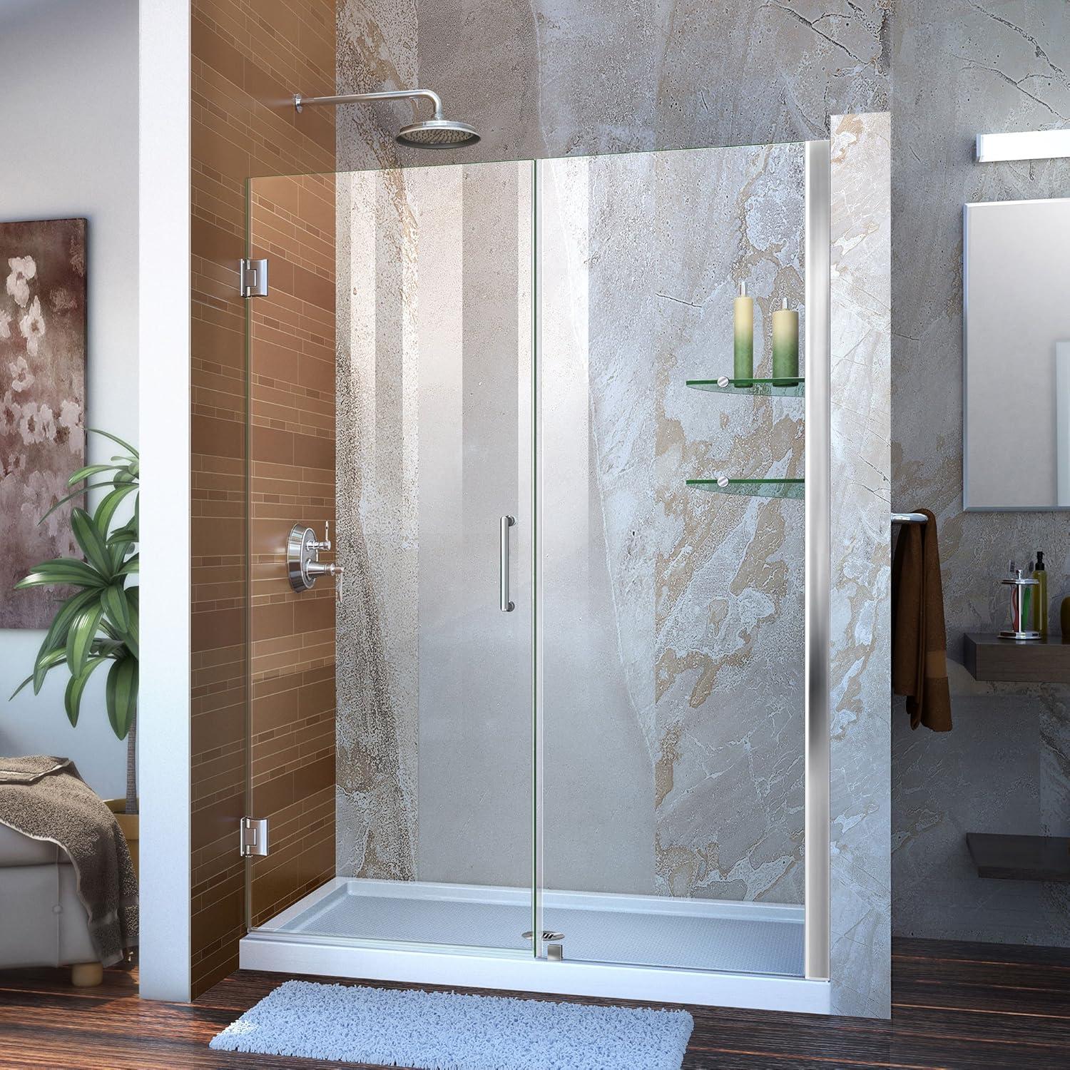 Unidoor Frameless Hinged Shower Door with Glass Shelves