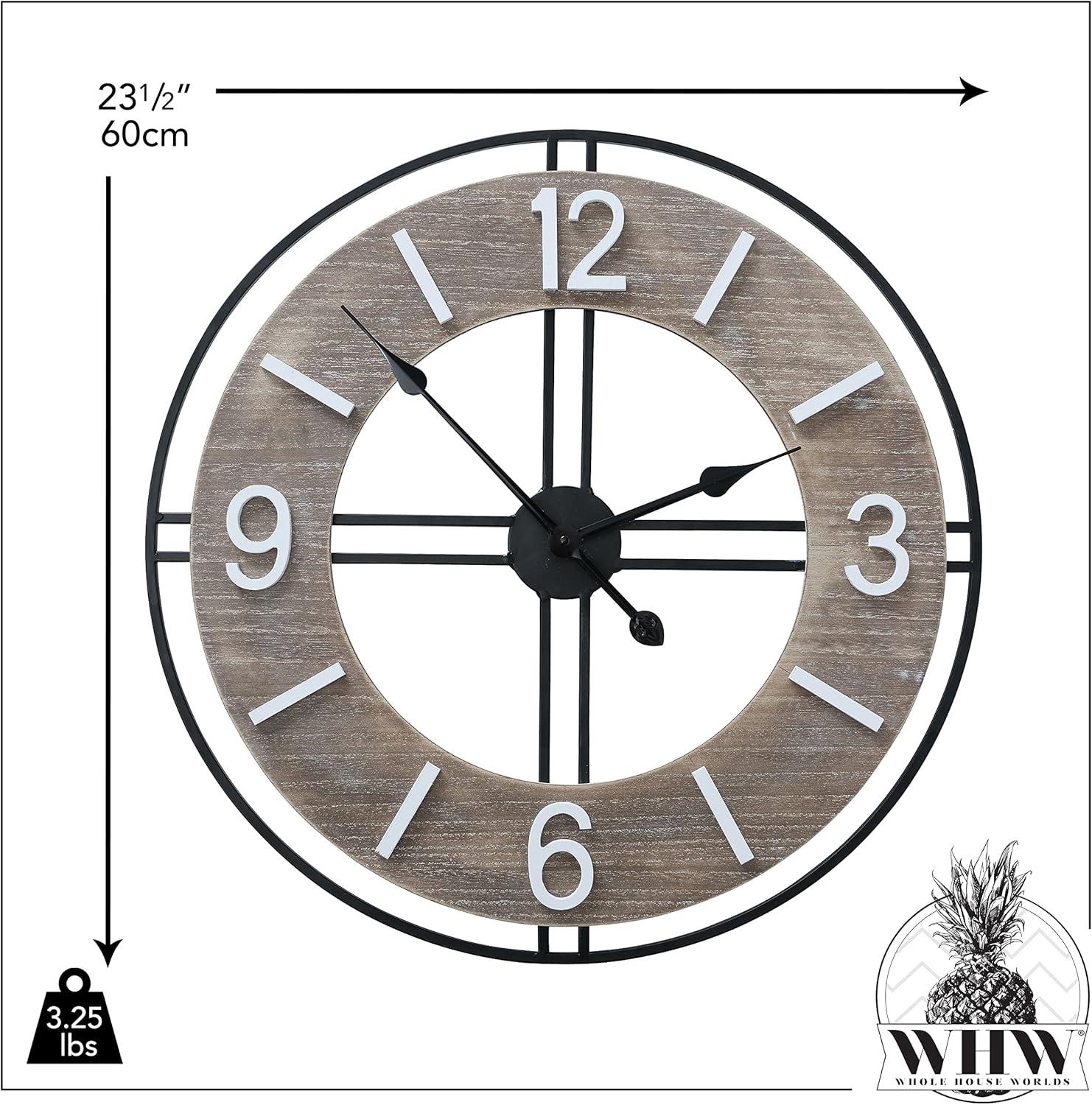 Modern Farmhouse Clock, Black Frame, White Numerals, Distressed Finish, Metal, MDF, Quartz Movement, 23.5 Inches (60 cm) 1 AA Battery (Not Included) Loft Living Collection