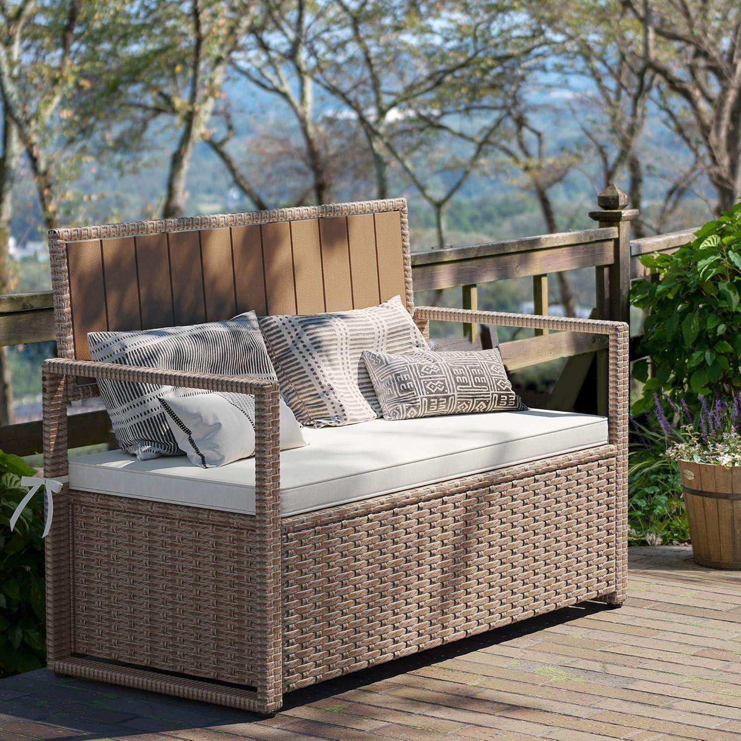 Gray Wicker and Polyethylene Outdoor Storage Bench with Cushion