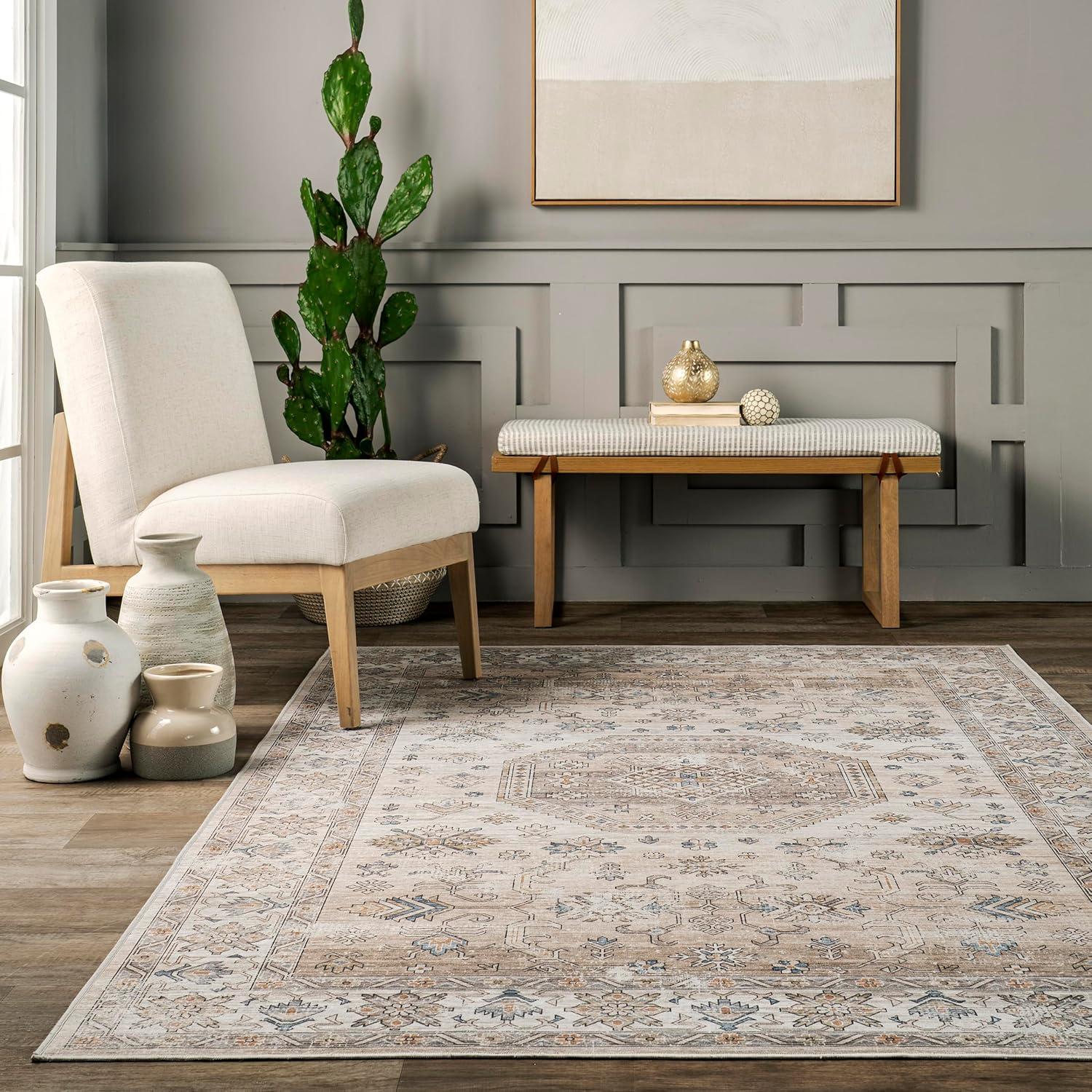Nuloom Darby Persian Spill Proof Treated Pet Friendly Premium Machine Washable Area Rug, Square 6' x 6', Beige