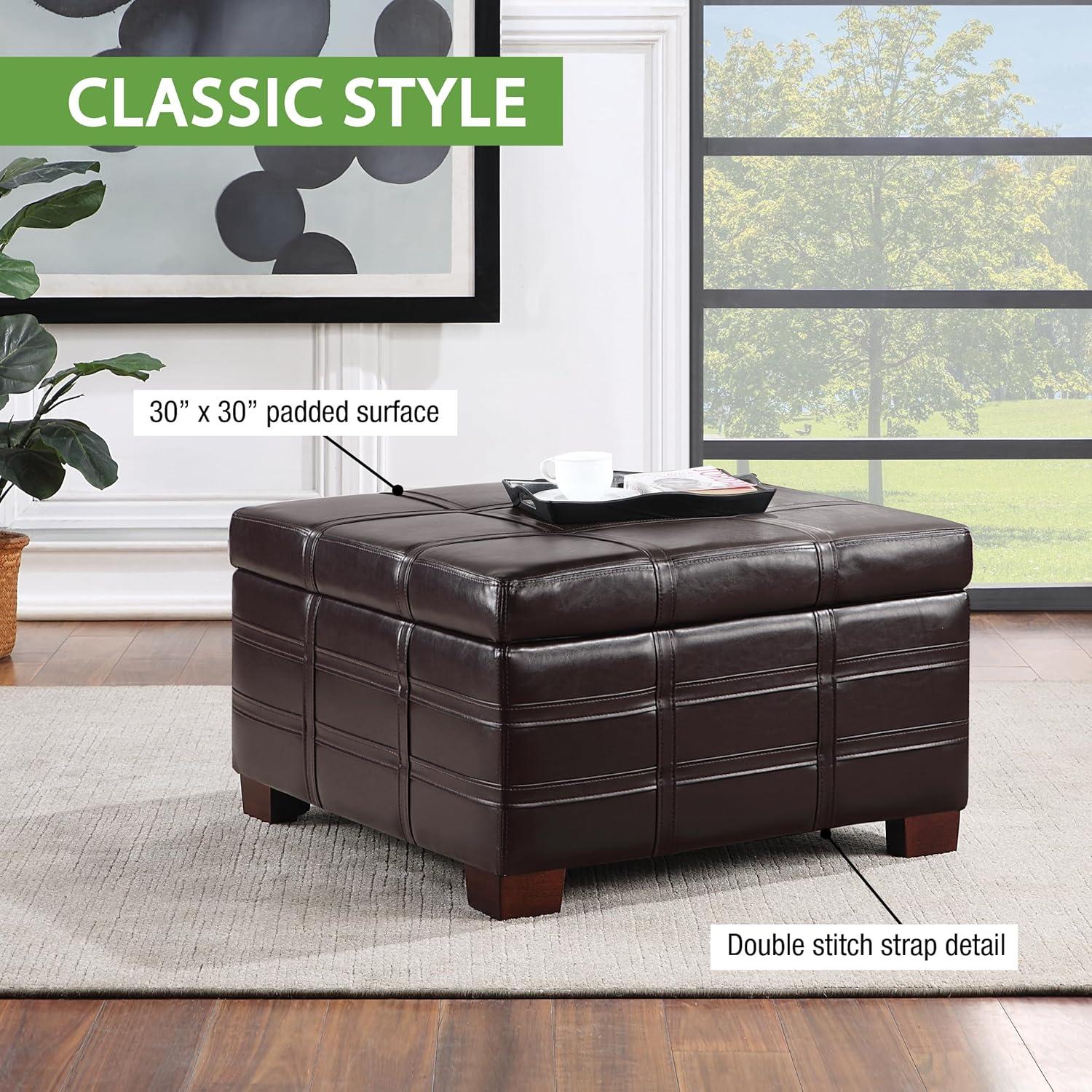 Detour Strap Square Storage Ottoman in Espresso Faux Leather