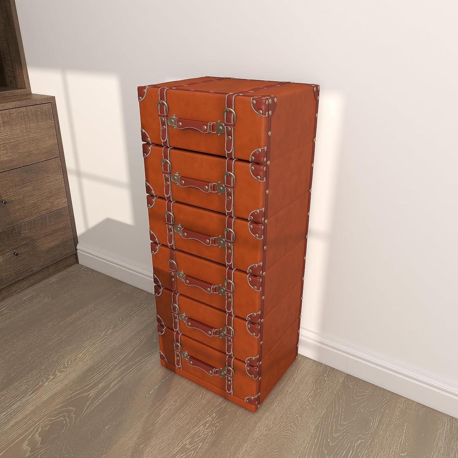 DecMode 16" x 42" Brown Wood Faux Leather 6 Drawers Chest with Buckle and Strap Detailing, 1-Piece