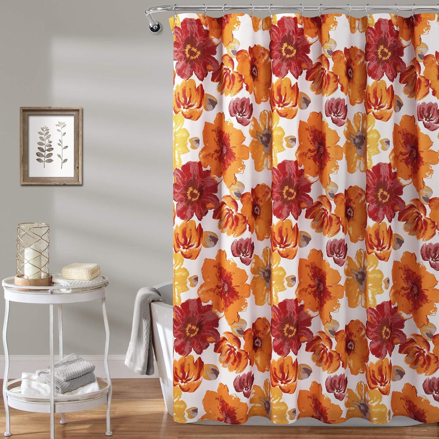 Leah Red and Orange Floral Polyester Shower Curtain