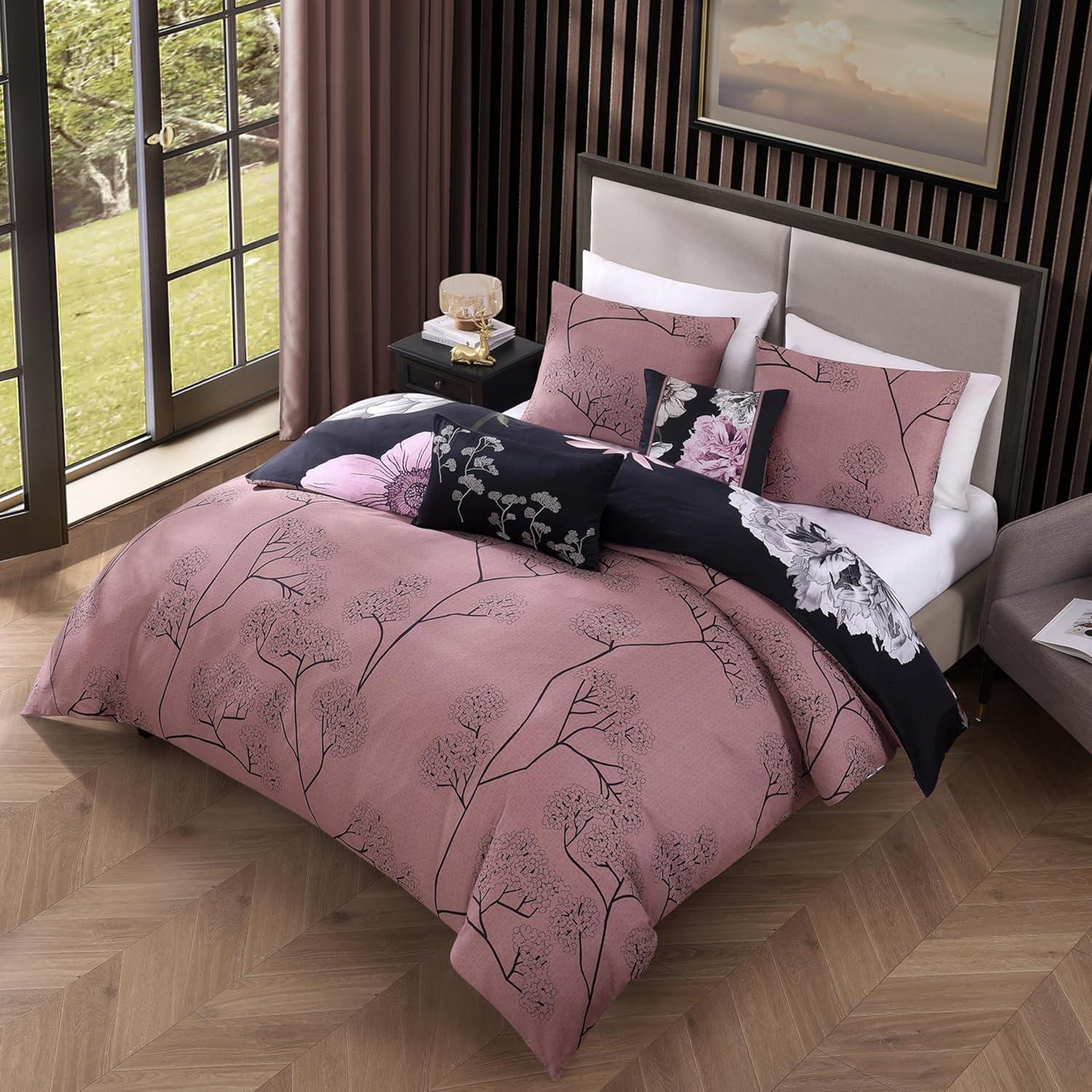 BeBeJan Bebejan Cool Pink Roses 200 Thread Count 100% Cotton Sateen 5-Piece Reversible Comforter Set