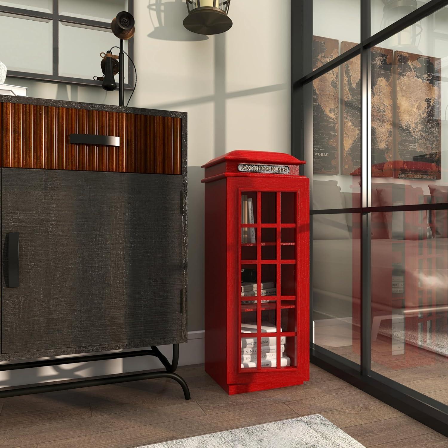 DecMode 11" x 30" Red Wooden London Telephone Booth 2 Shelf Storage Unit, 1-Piece