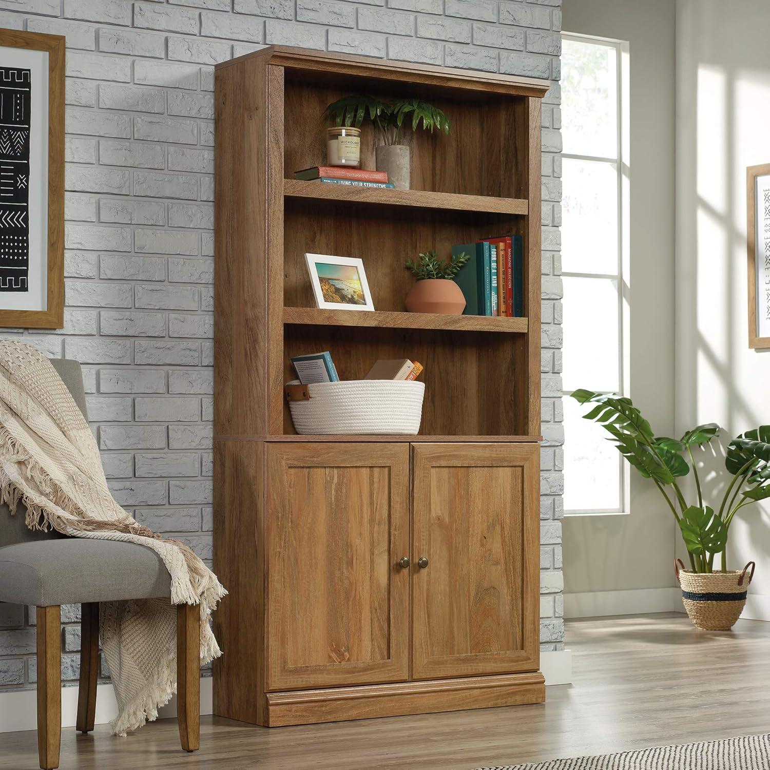 70" 5 Shelf Bookcase with Doors Yellow - Sauder: Sindoori Mango, Vertical Storage