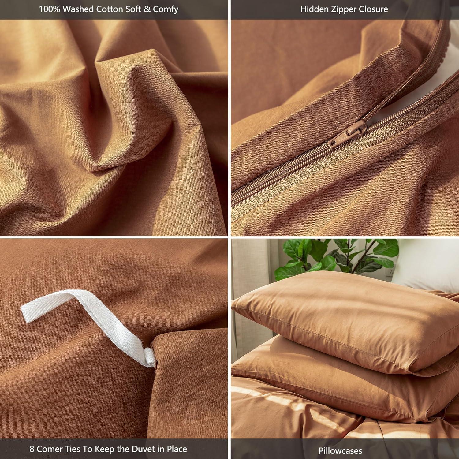 MOOMEE 100% Washed Cotton Linen Like Textured Duvet Cover Set